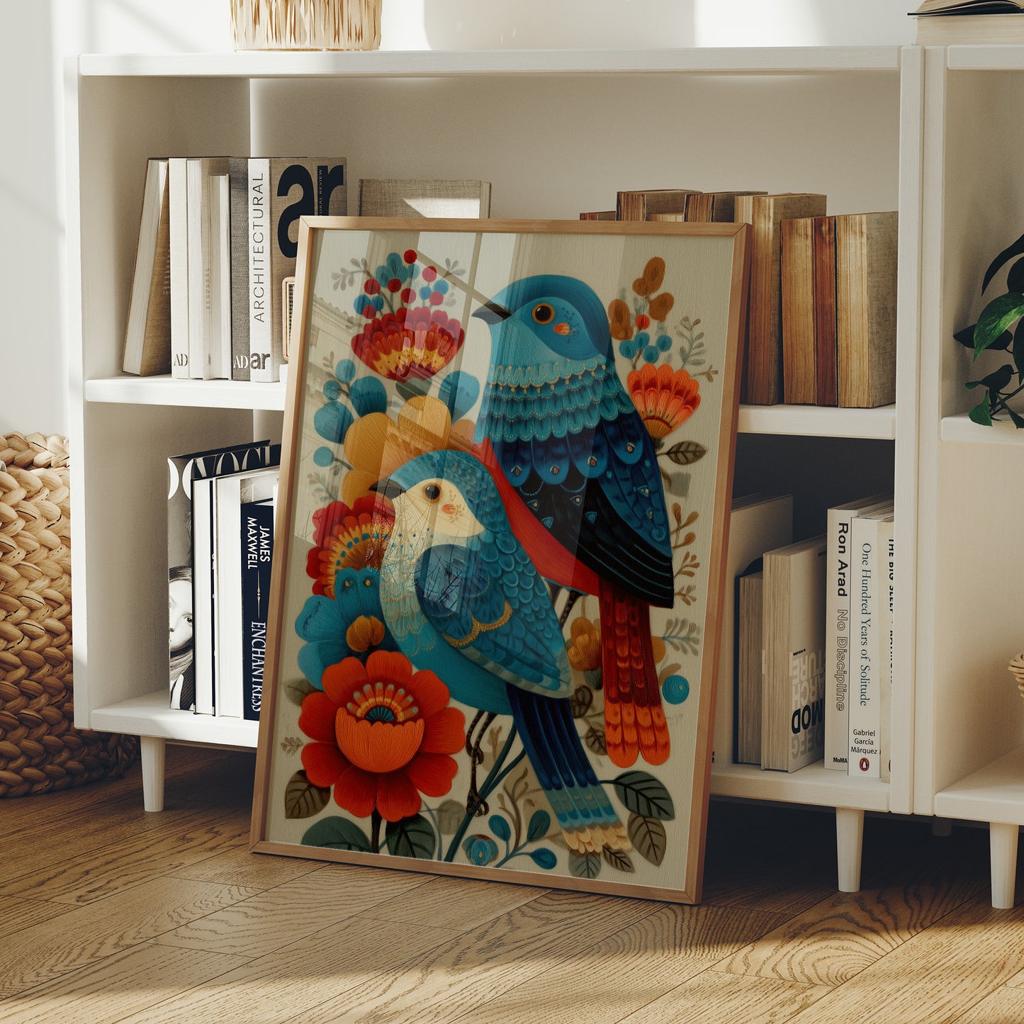 Blue Bird Sings Among Coral Blooms