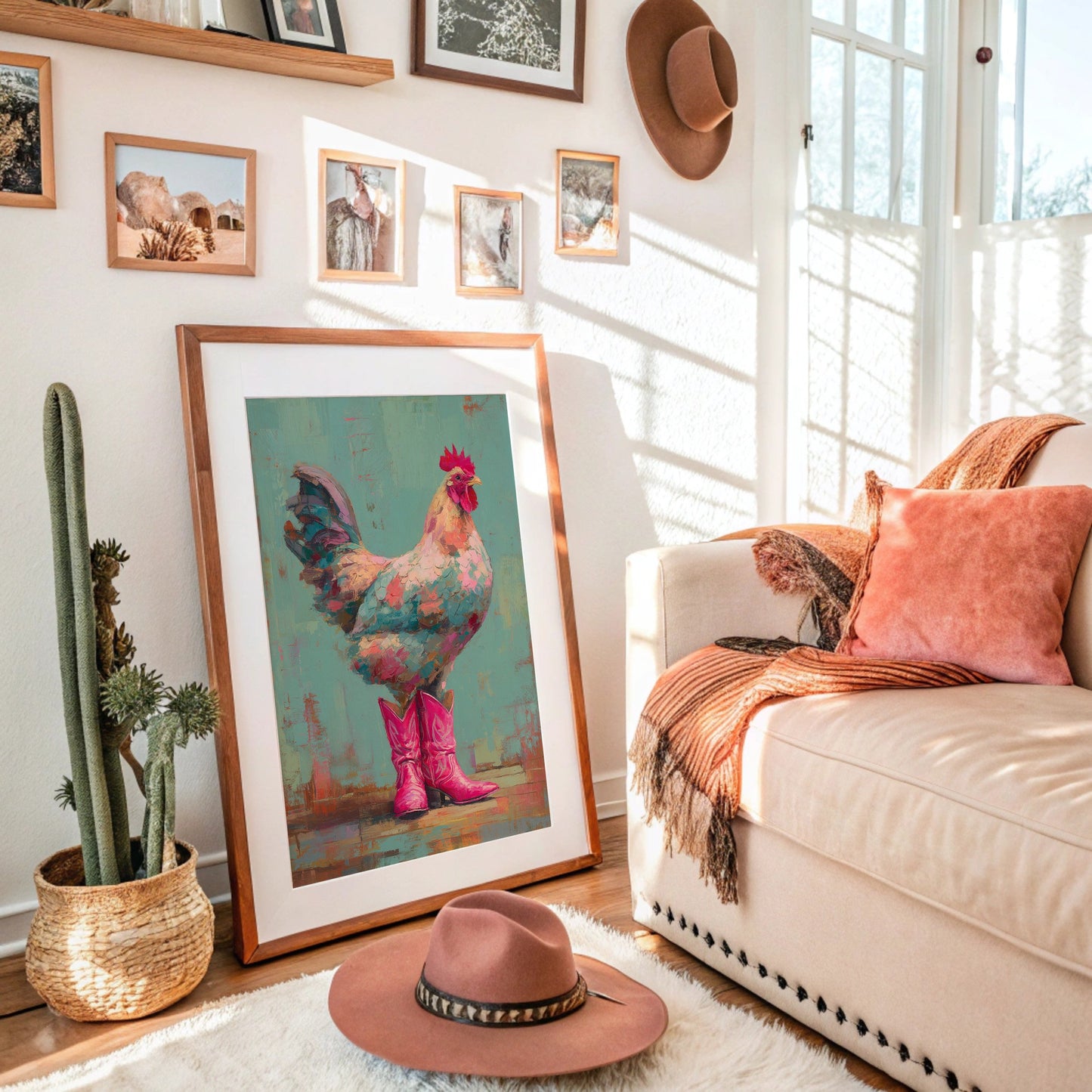 Rooster Struts In Pink Boots