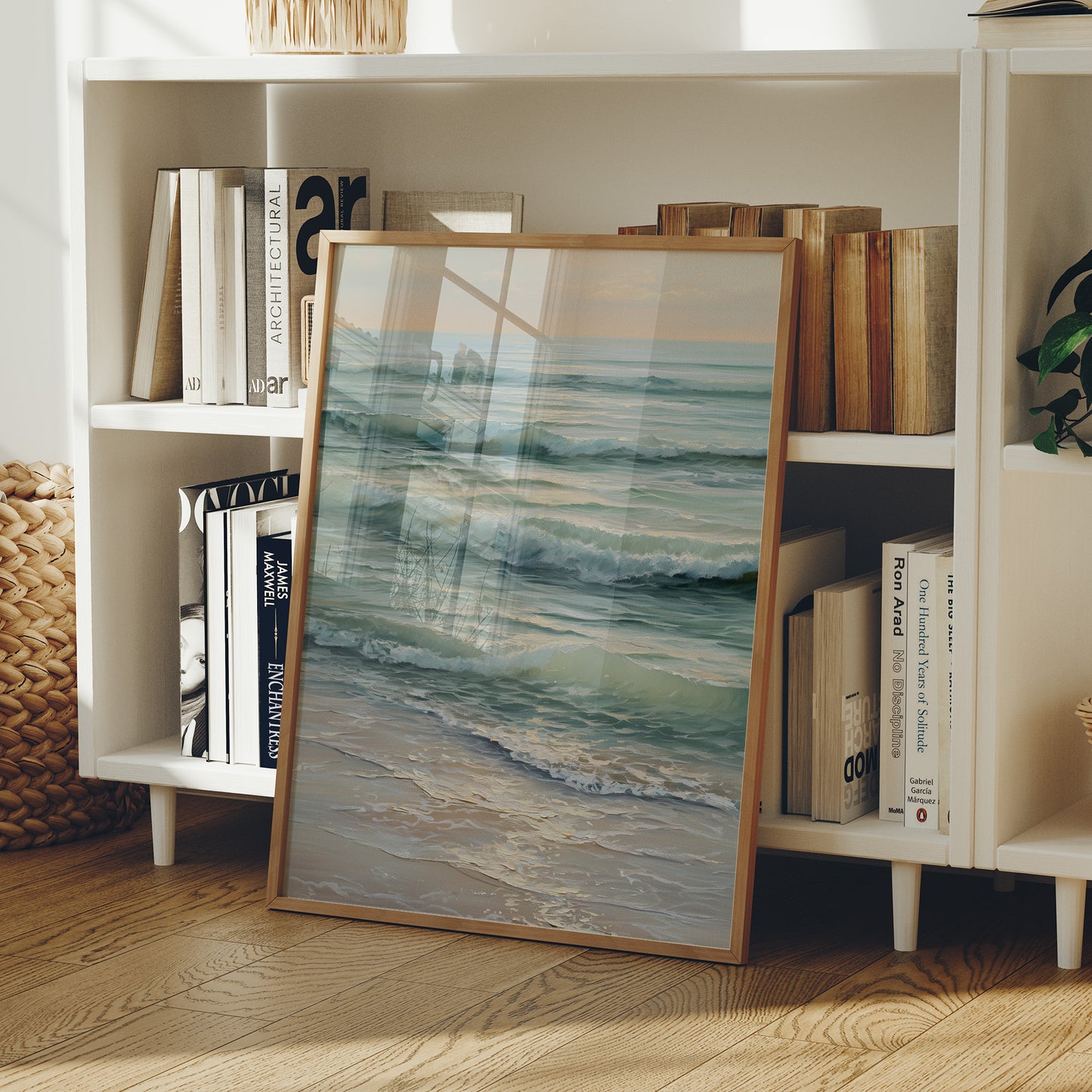 Seafoam Rhythms Against Wooden Frame