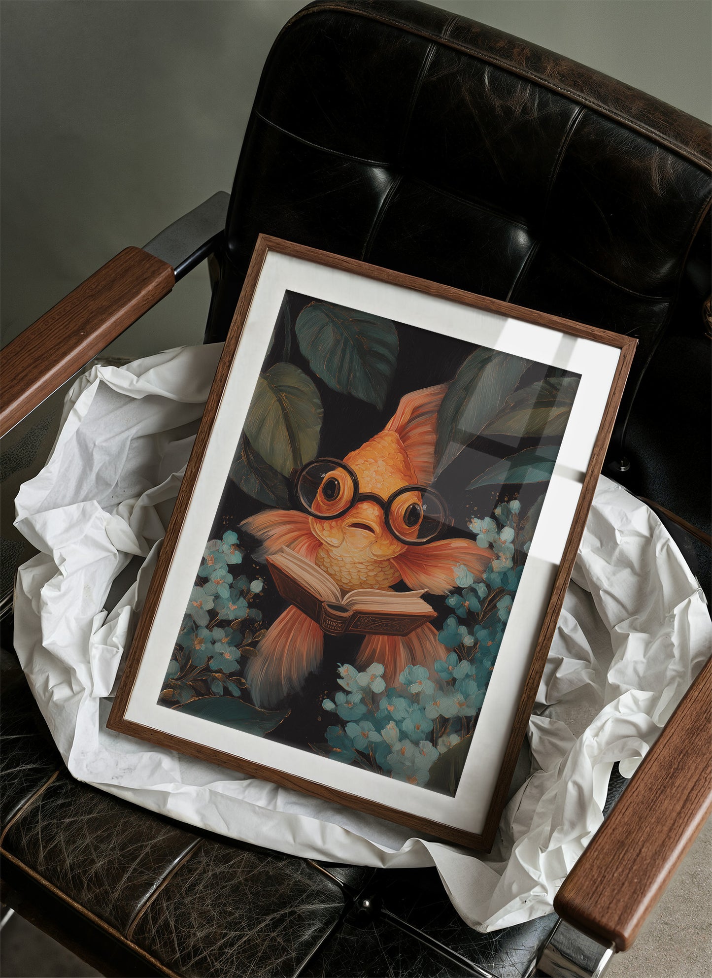 Scholarly Goldfish Navigates Aquatic Library