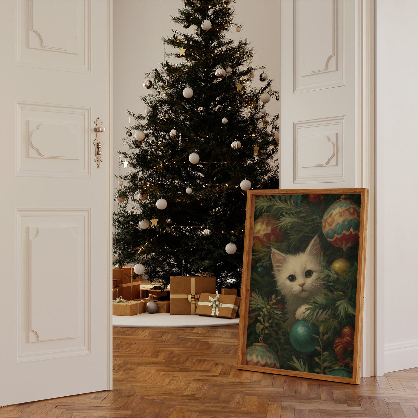 Curious Whiskers Among Festive Boughs