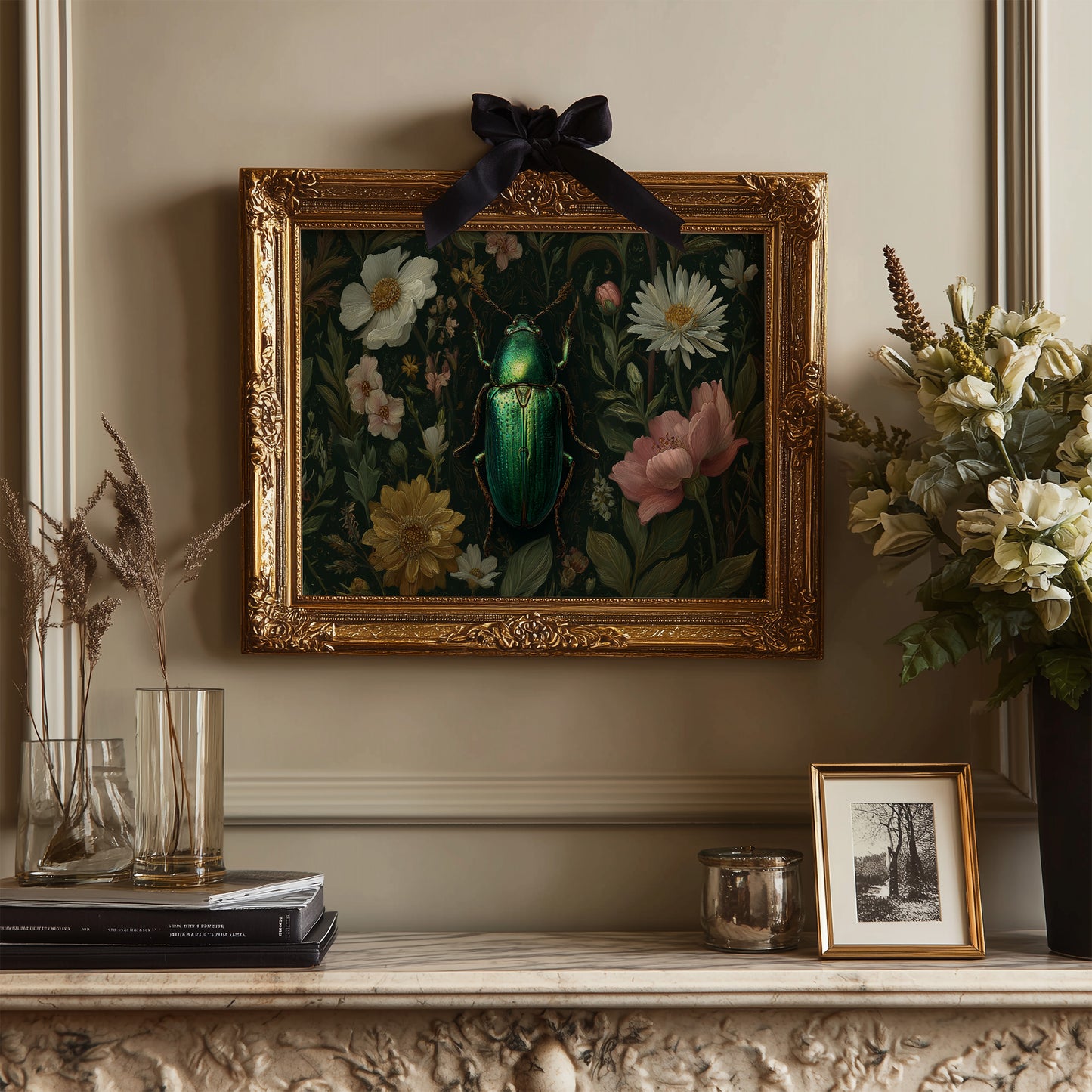 Emerald Beetle Among Garden Blooms