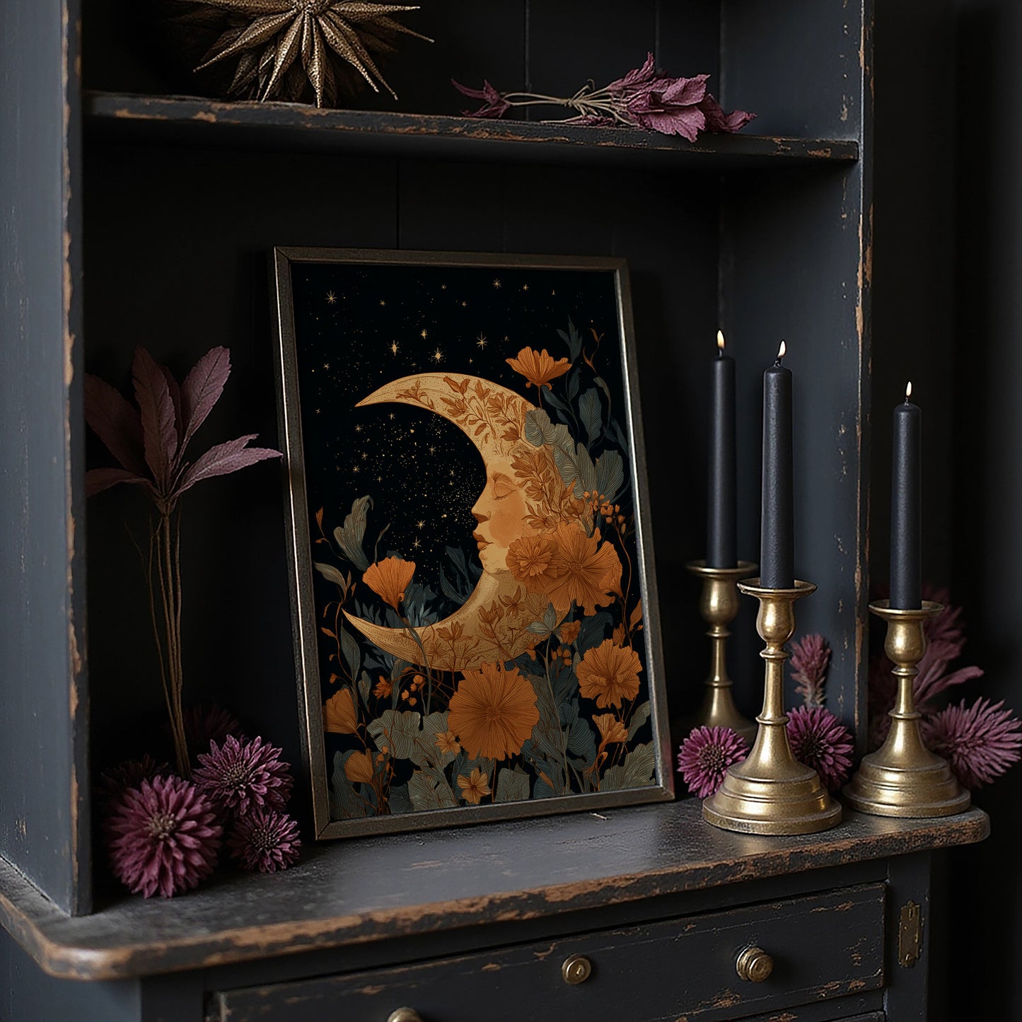 Copper Crescent Among Starlit Petals