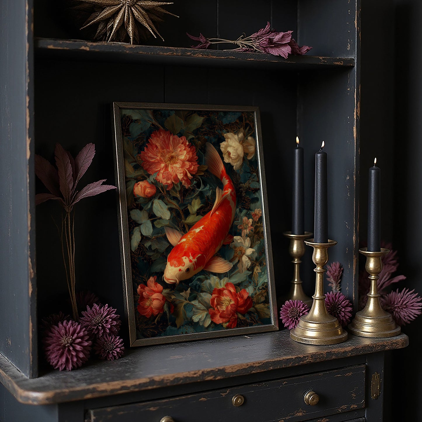 Scarlet Fins Among Coral Peonies