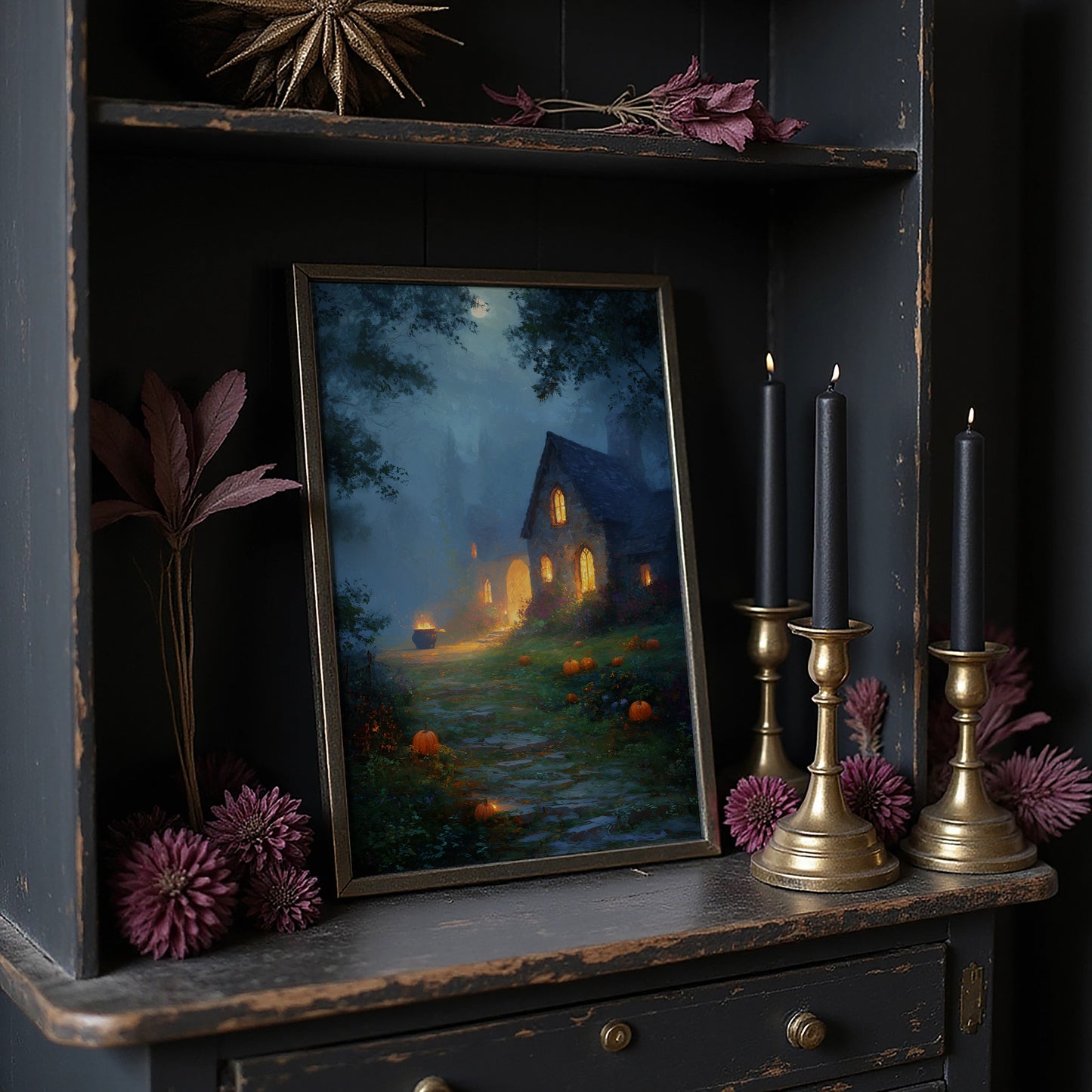 Autumn Cottage Under Midnight Fog