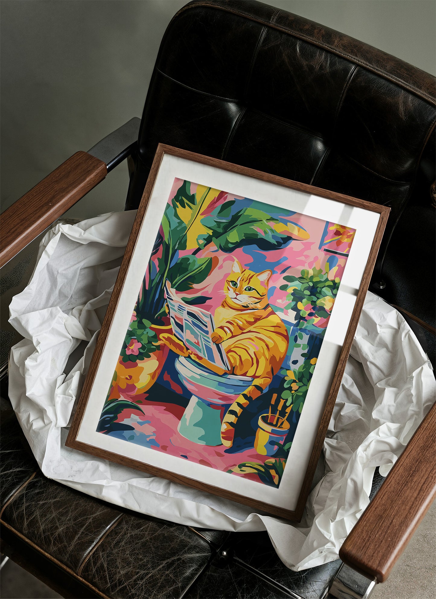 Feline Literary Moment in Vibrant Jungle