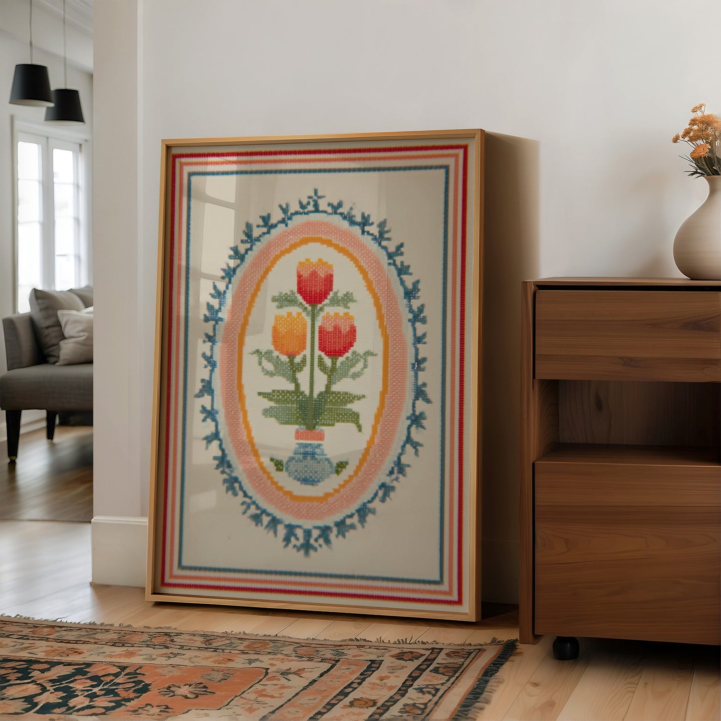 Tulip Trio in Cross-Stitch Medallion