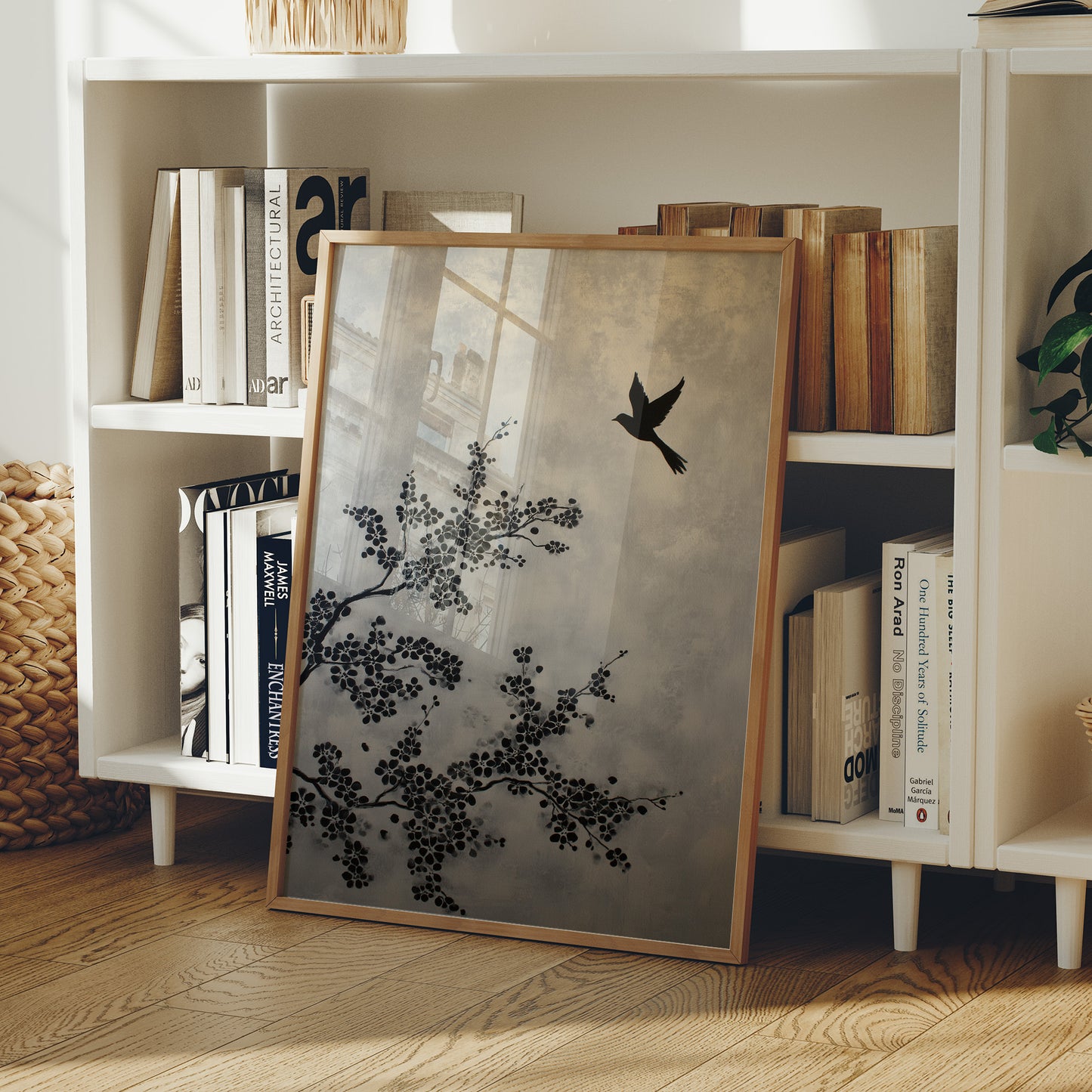 Bird Takes Flight Through Cherry Blooms