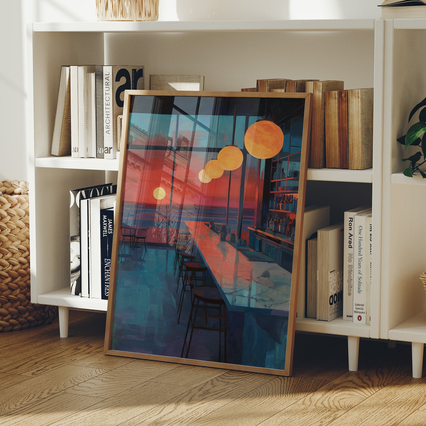 Lanterns Float Above Empty Barstools