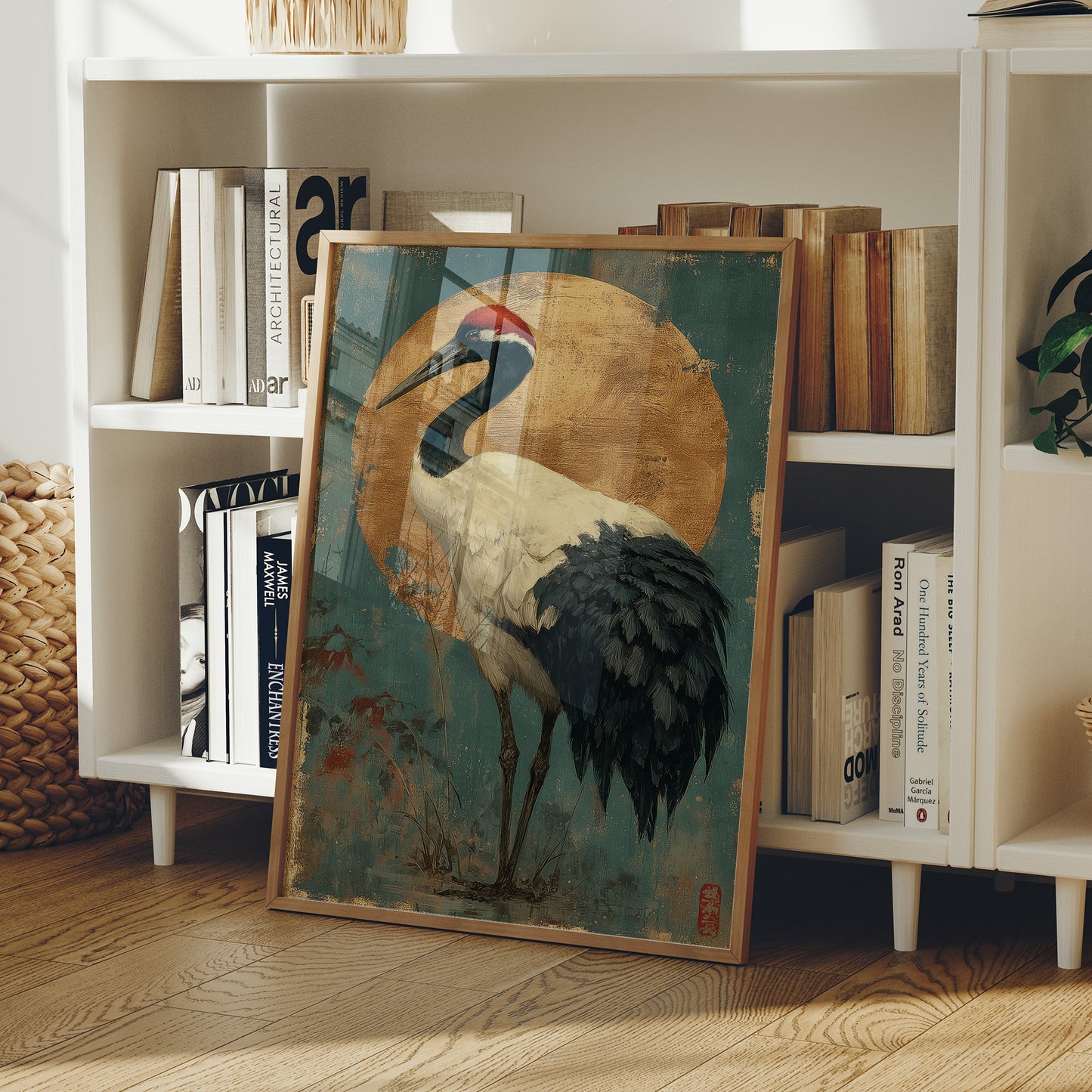 Noble Crane Against Golden Moon