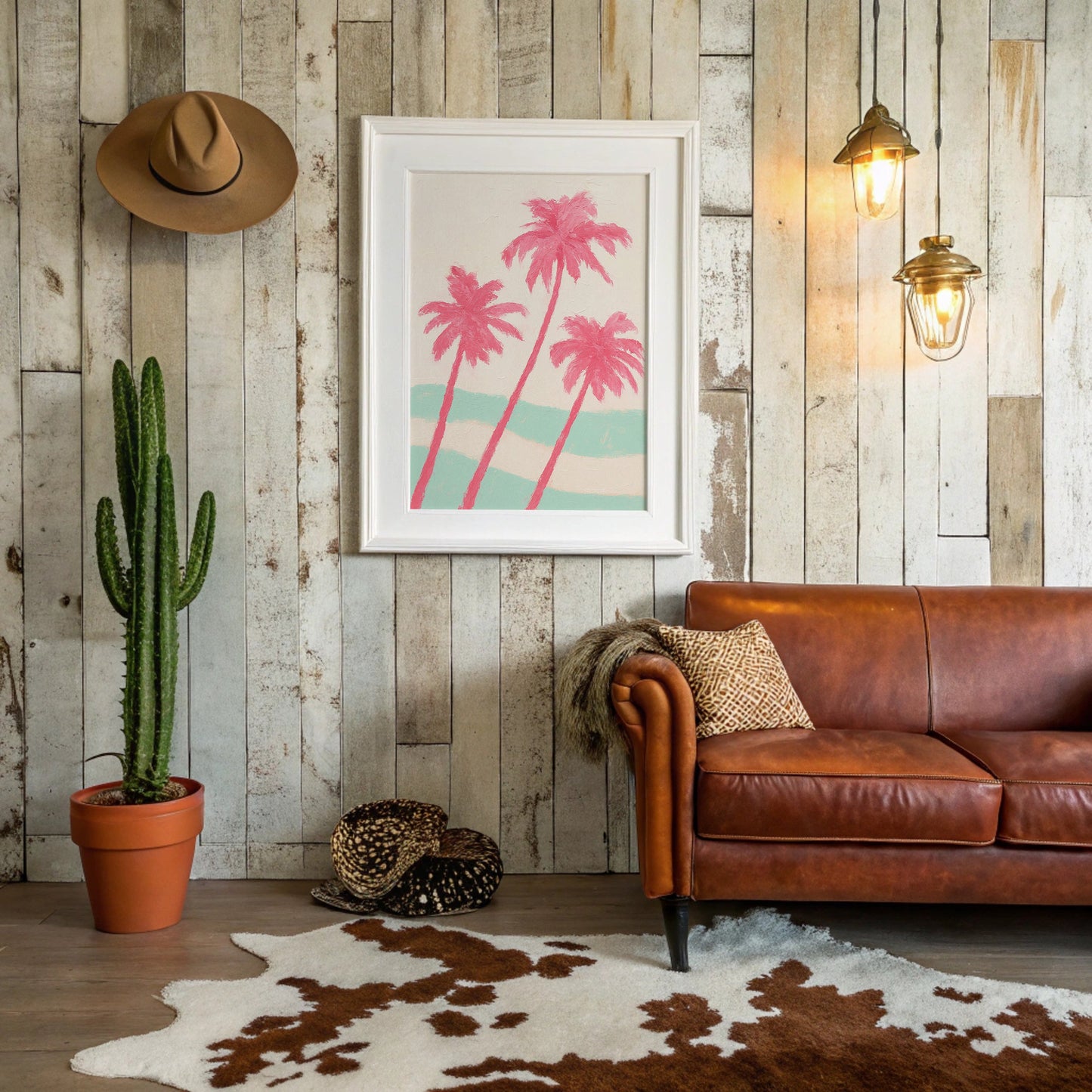 Pink Palms Over Mint Waves