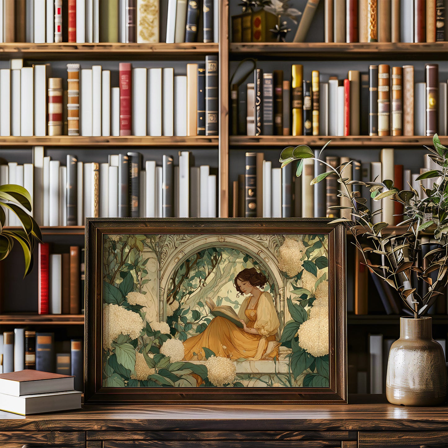 Reading Among Hydrangea Blooms