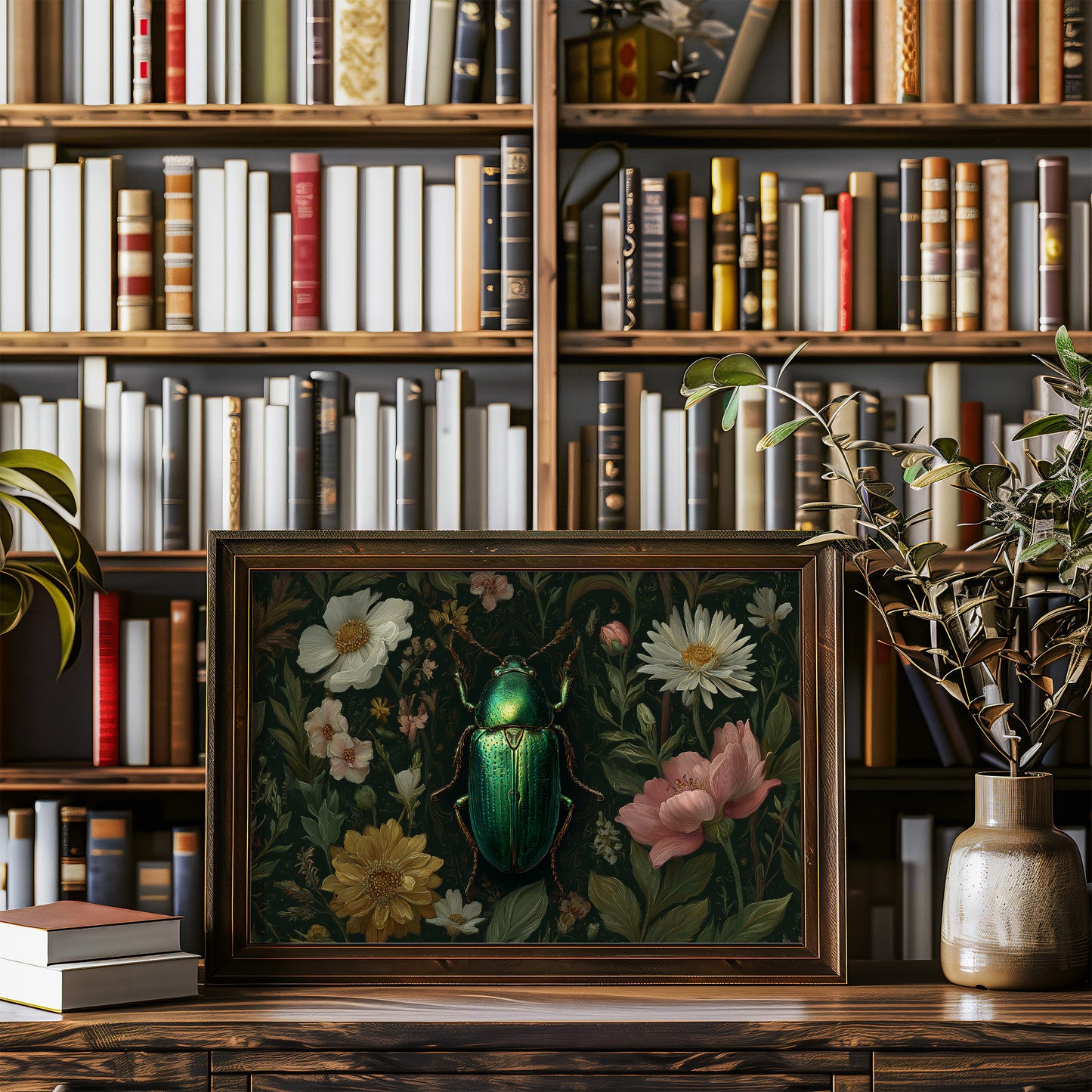 Emerald Beetle Among Garden Blooms