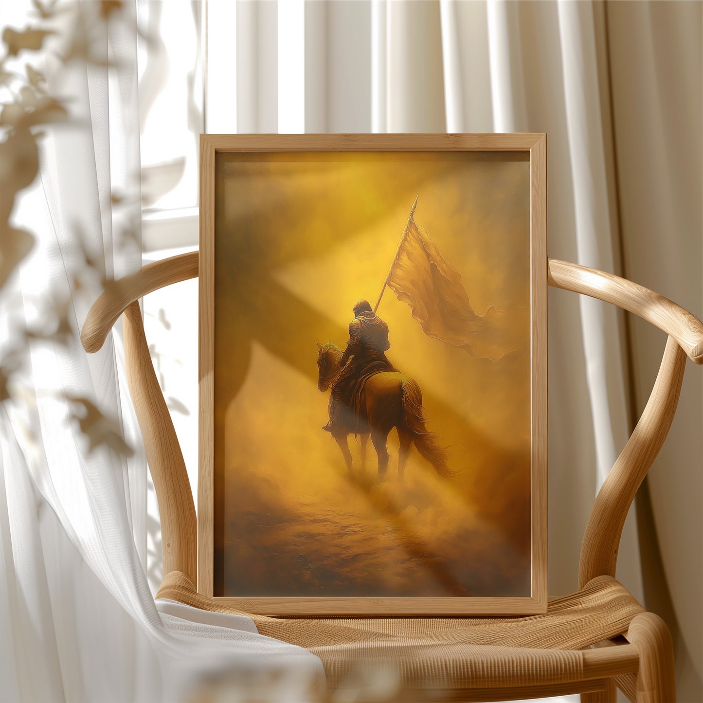 Golden Vanguard Through Amber Mist