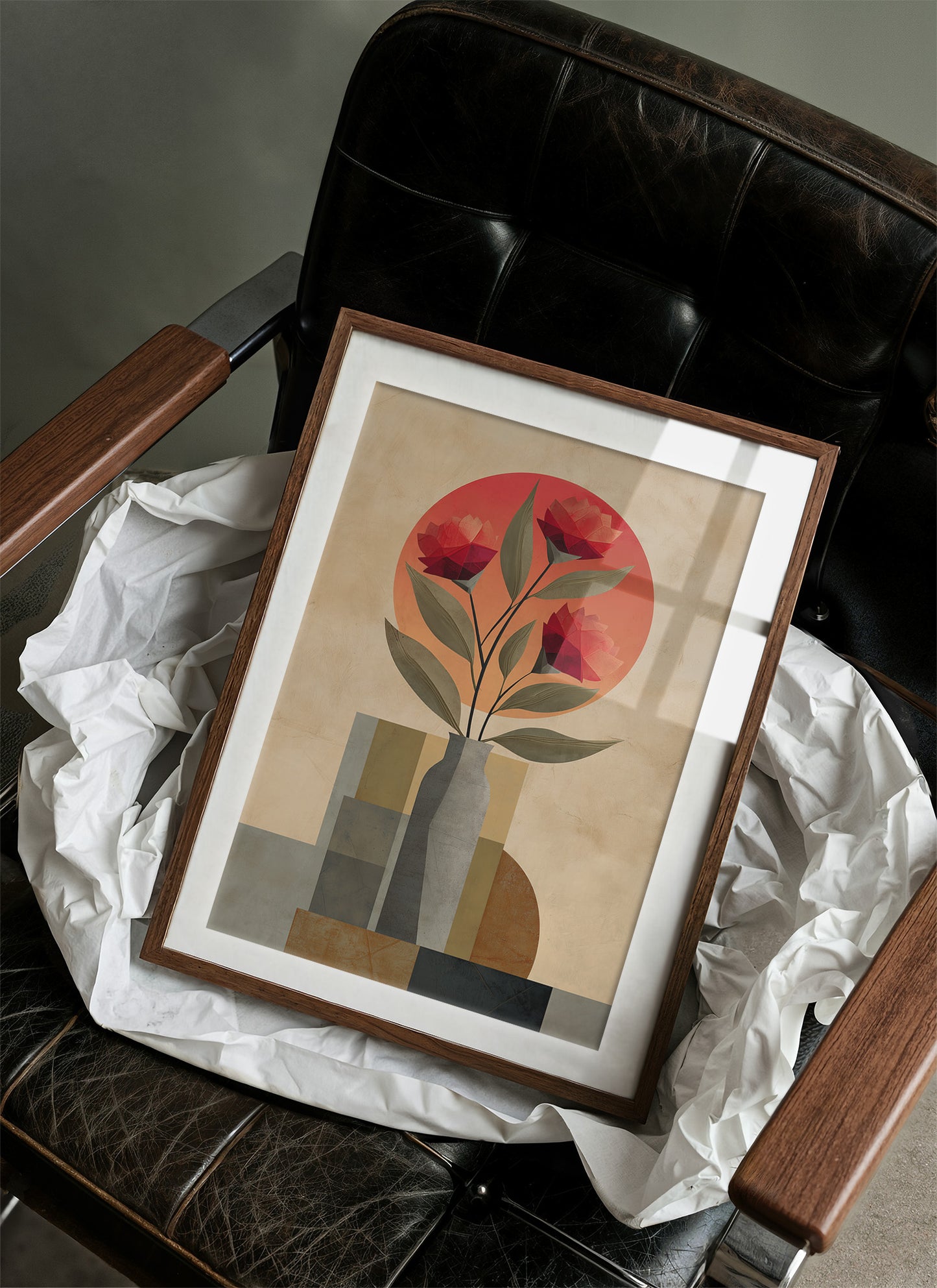 Red Blooms Against City Shapes