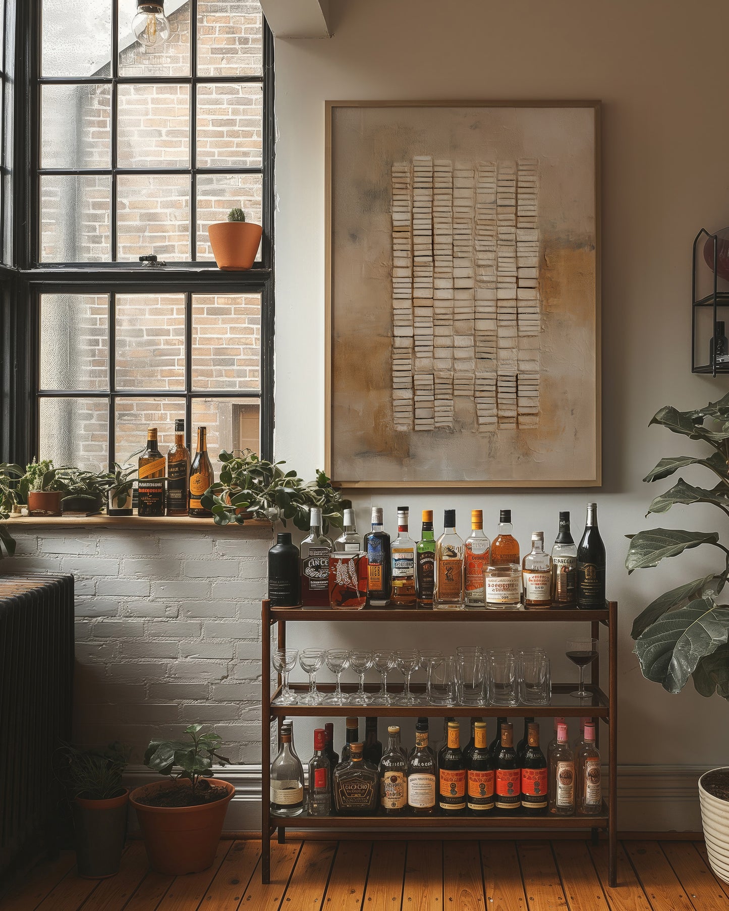 Sunlit Bar Cart Meets Abstract Lines