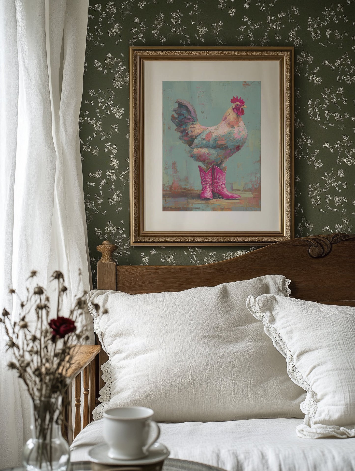 Rooster Struts In Pink Boots