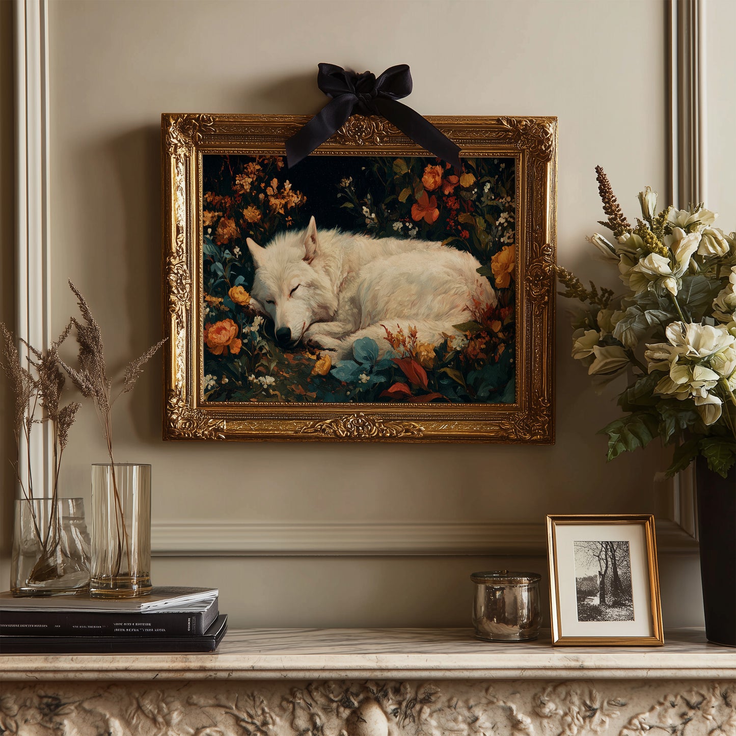 White Wolf Among Autumn Blooms