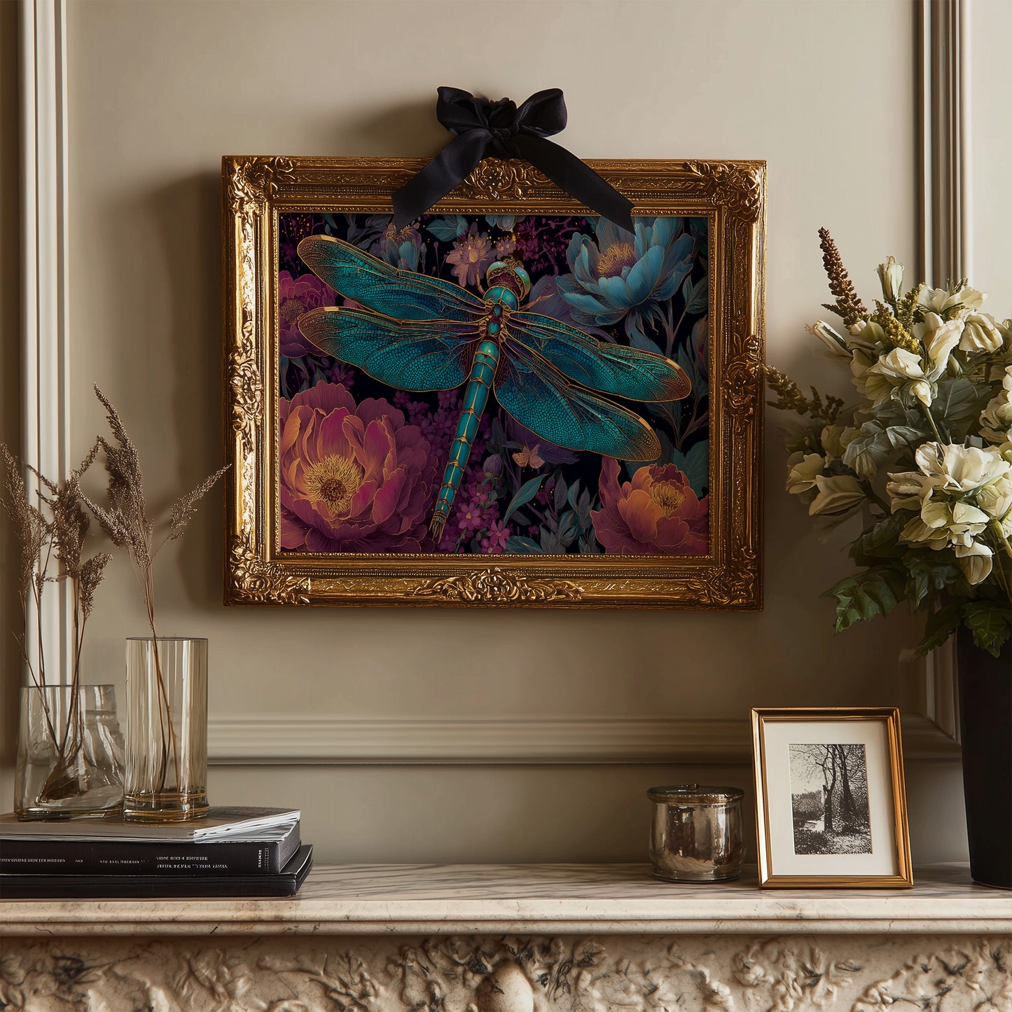 Iridescent Wings Among Midnight Blooms