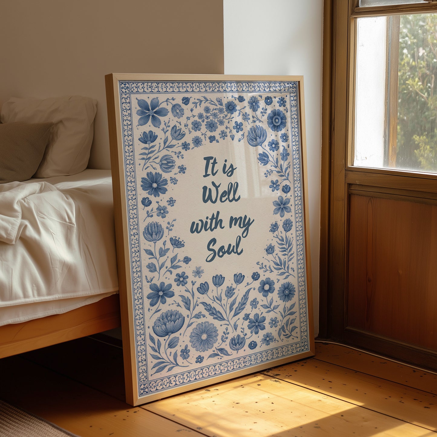 Indigo Blooms Frame Sacred Words