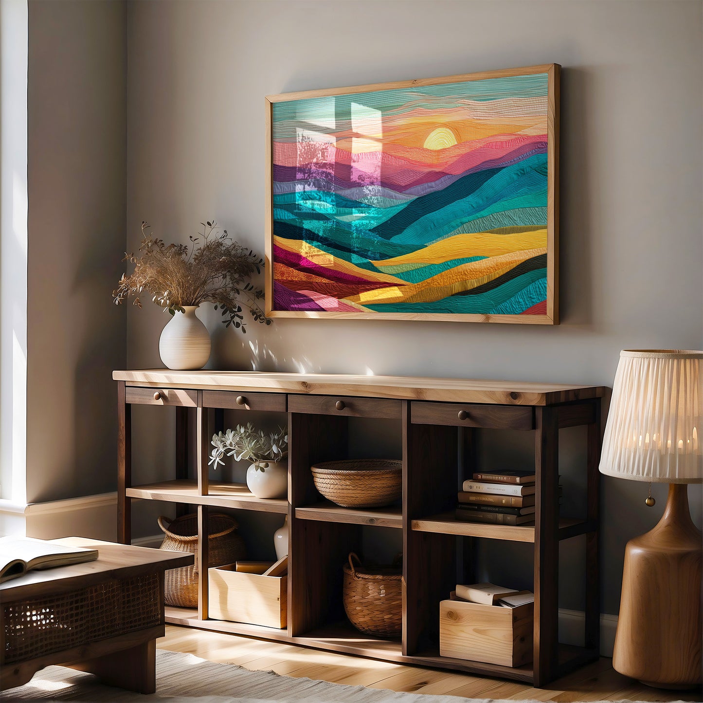 Textile Horizons: Sunset Through Stitched Valleys