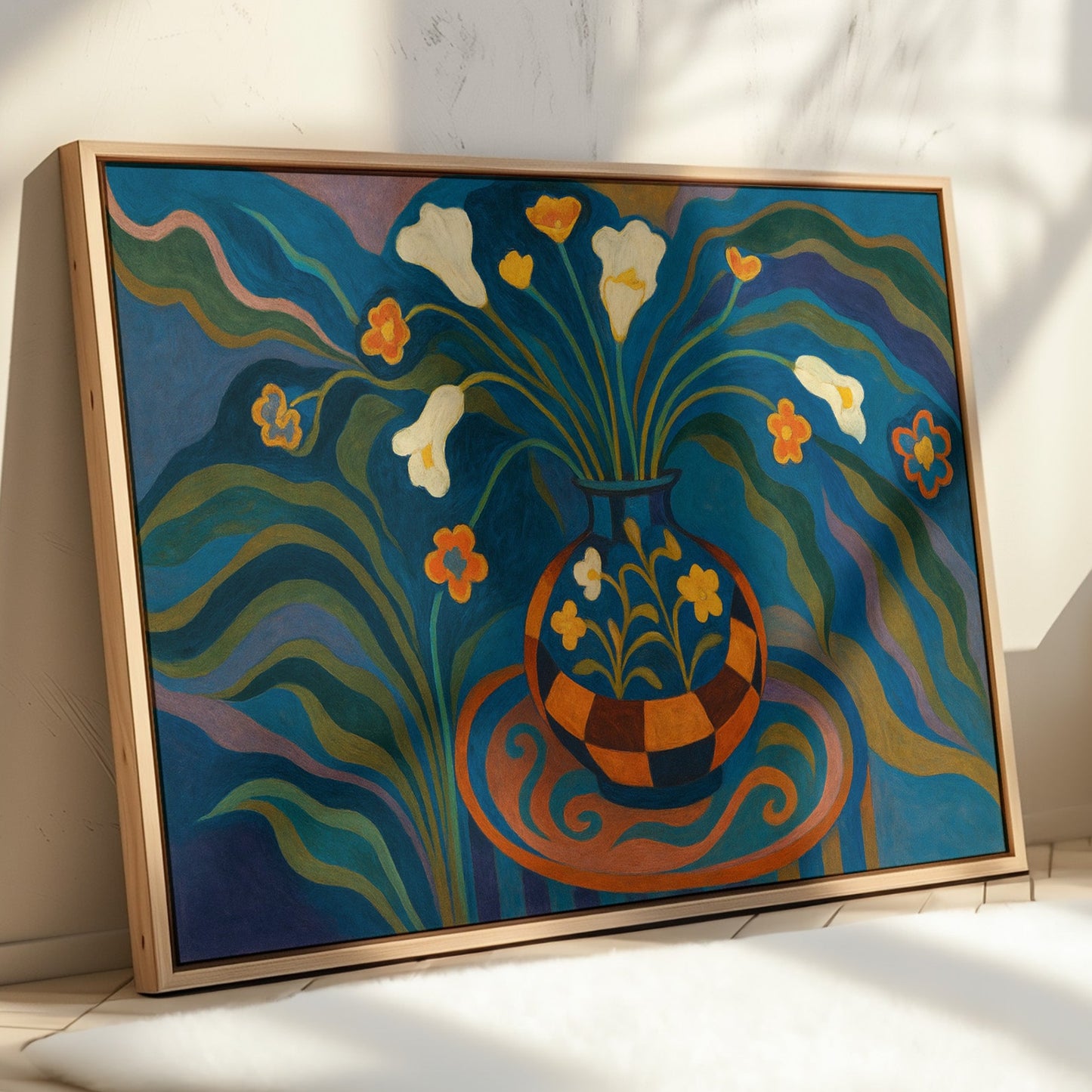 Moonlit Blooms in a Checkered Vase