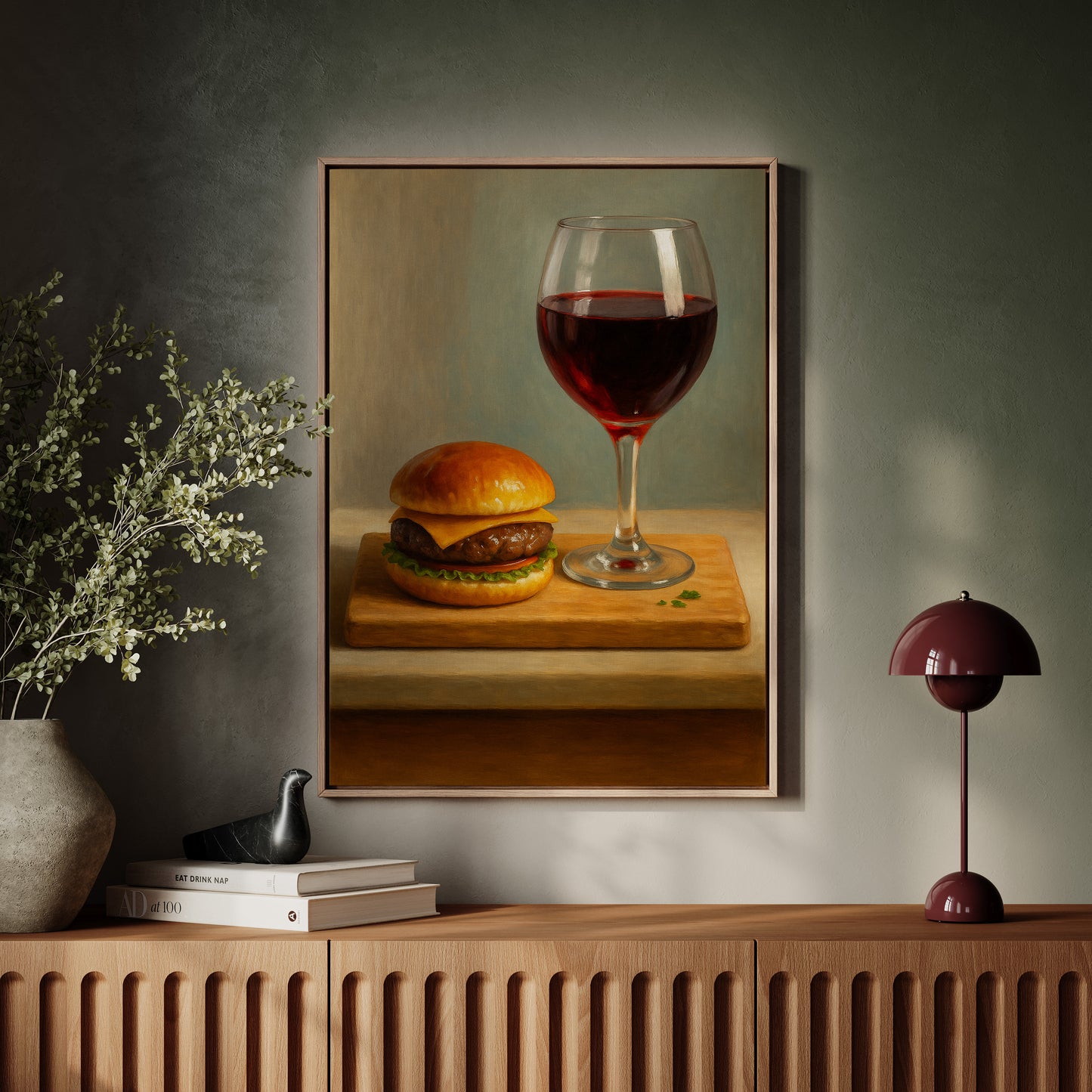 Burger and Bordeaux Still Life