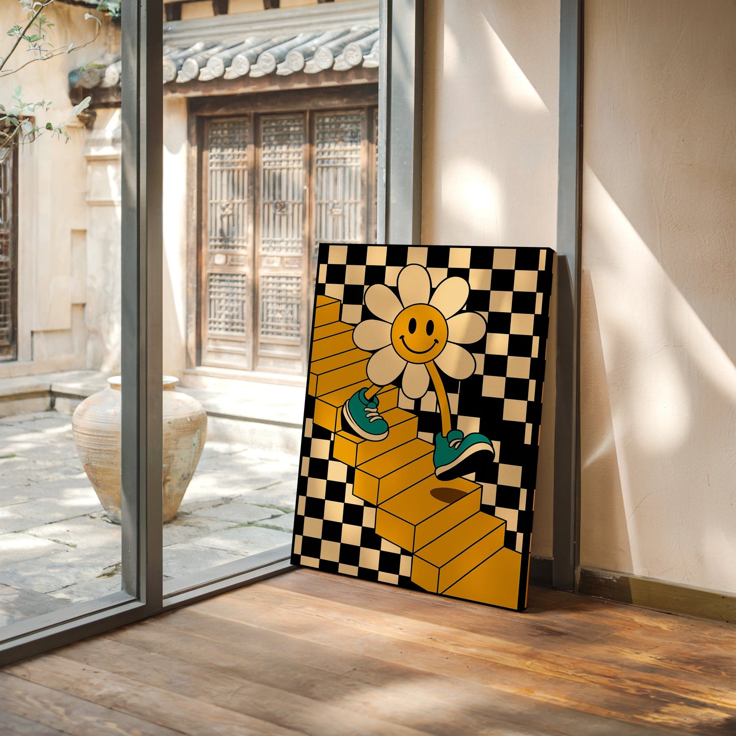 Groovy Daisy Vibes – Retro Checkerboard Flower Print