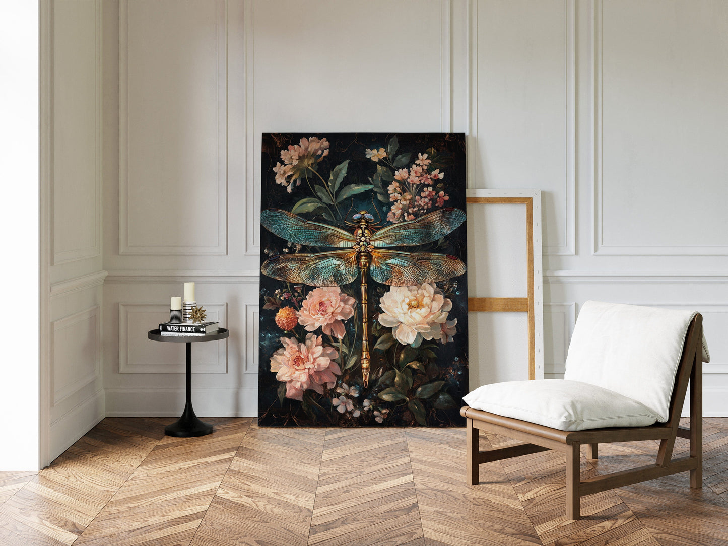 Golden Dragonfly: Dark Floral Baroque Canvas Wall Art