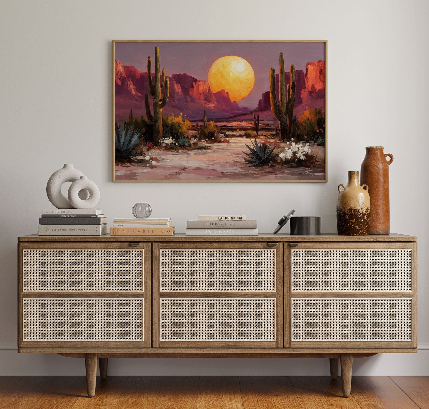 Saguaros Dance Under Golden Moonrise