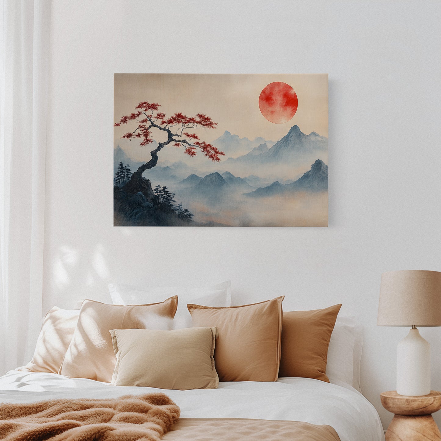Japanese Landscape Wall Art – Red Sun and Bonsai Mountain Print