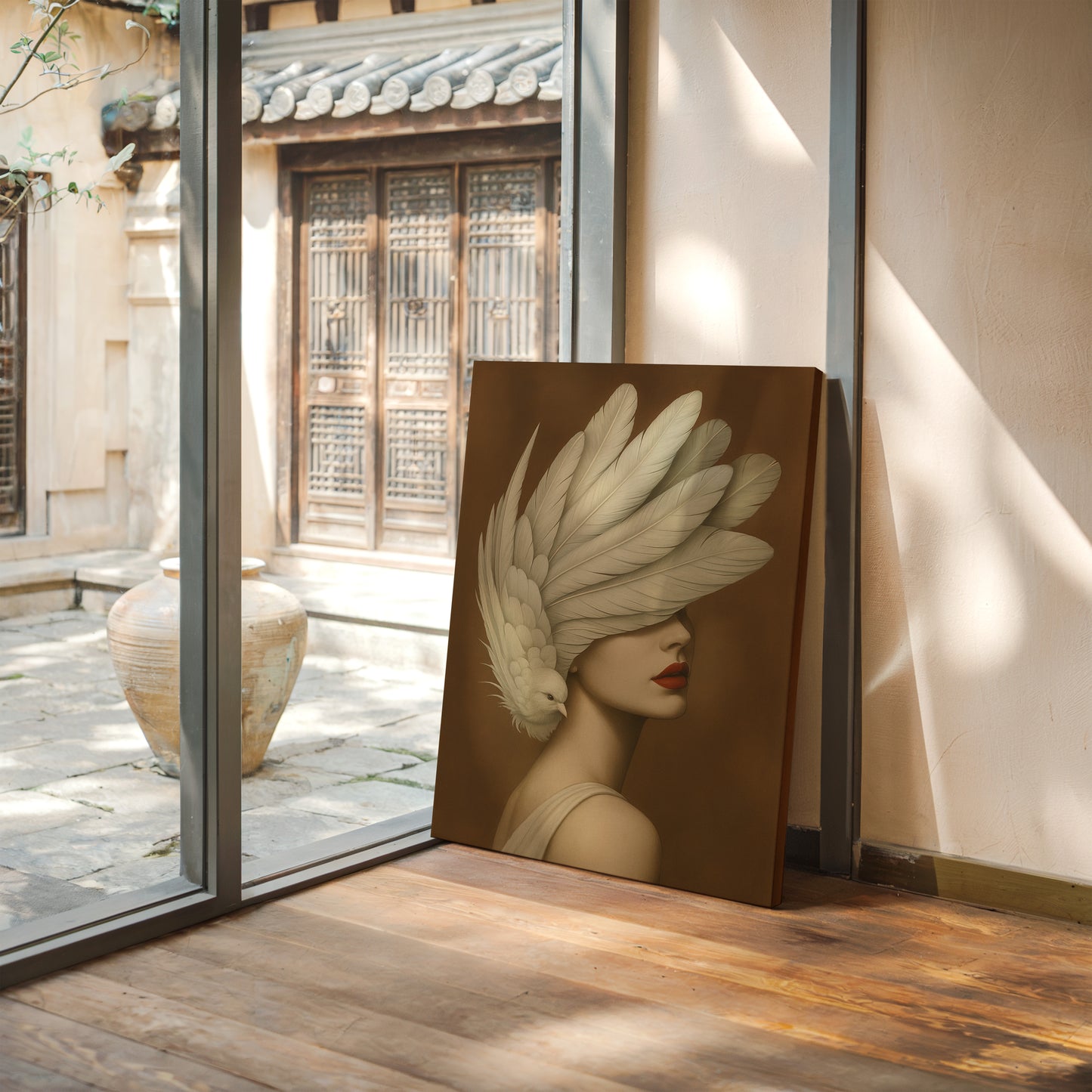 Winged Elegance in Ivory and Crimson