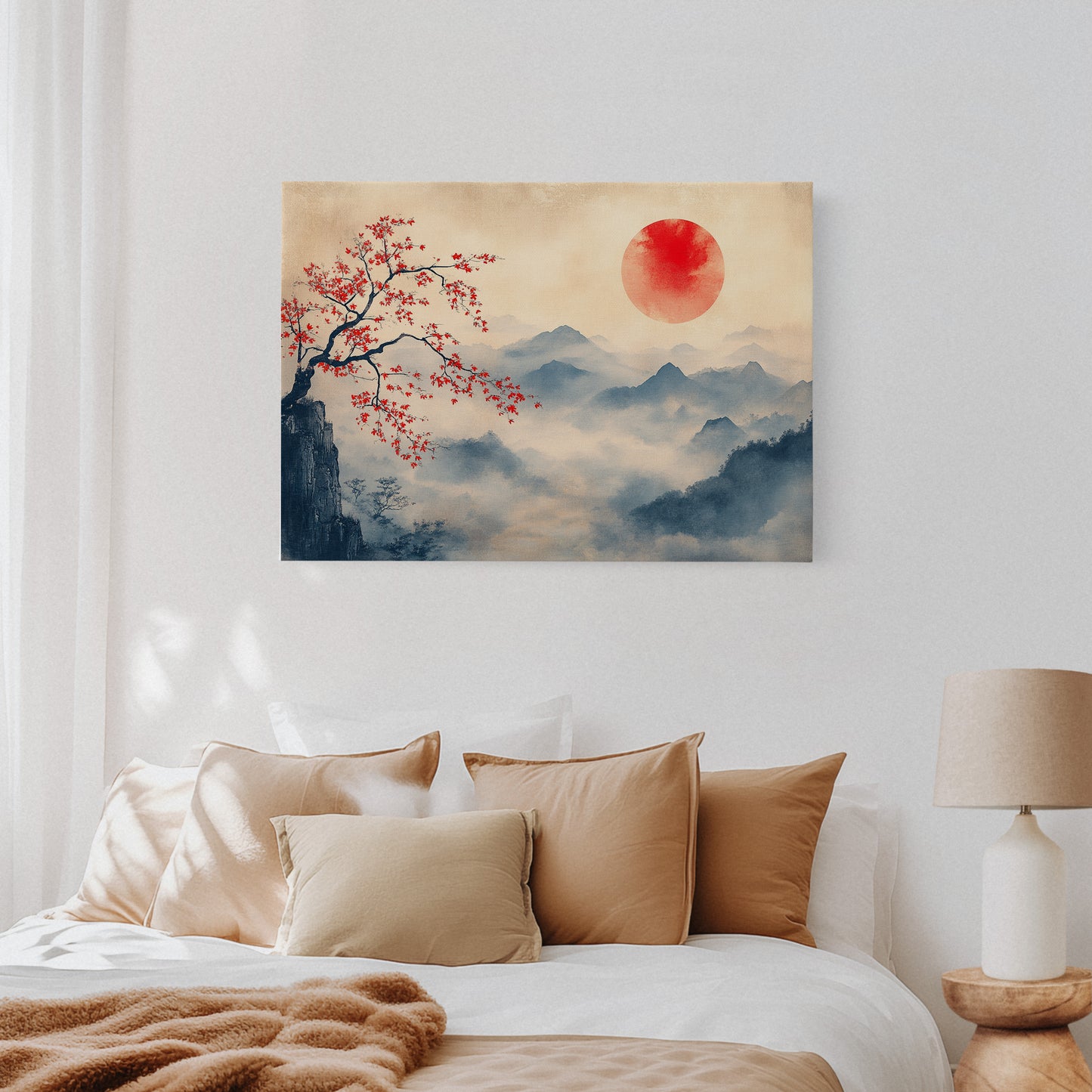Japanese Red Sun & Misty Mountain Wall Art – Zen Ink Wash Landscape