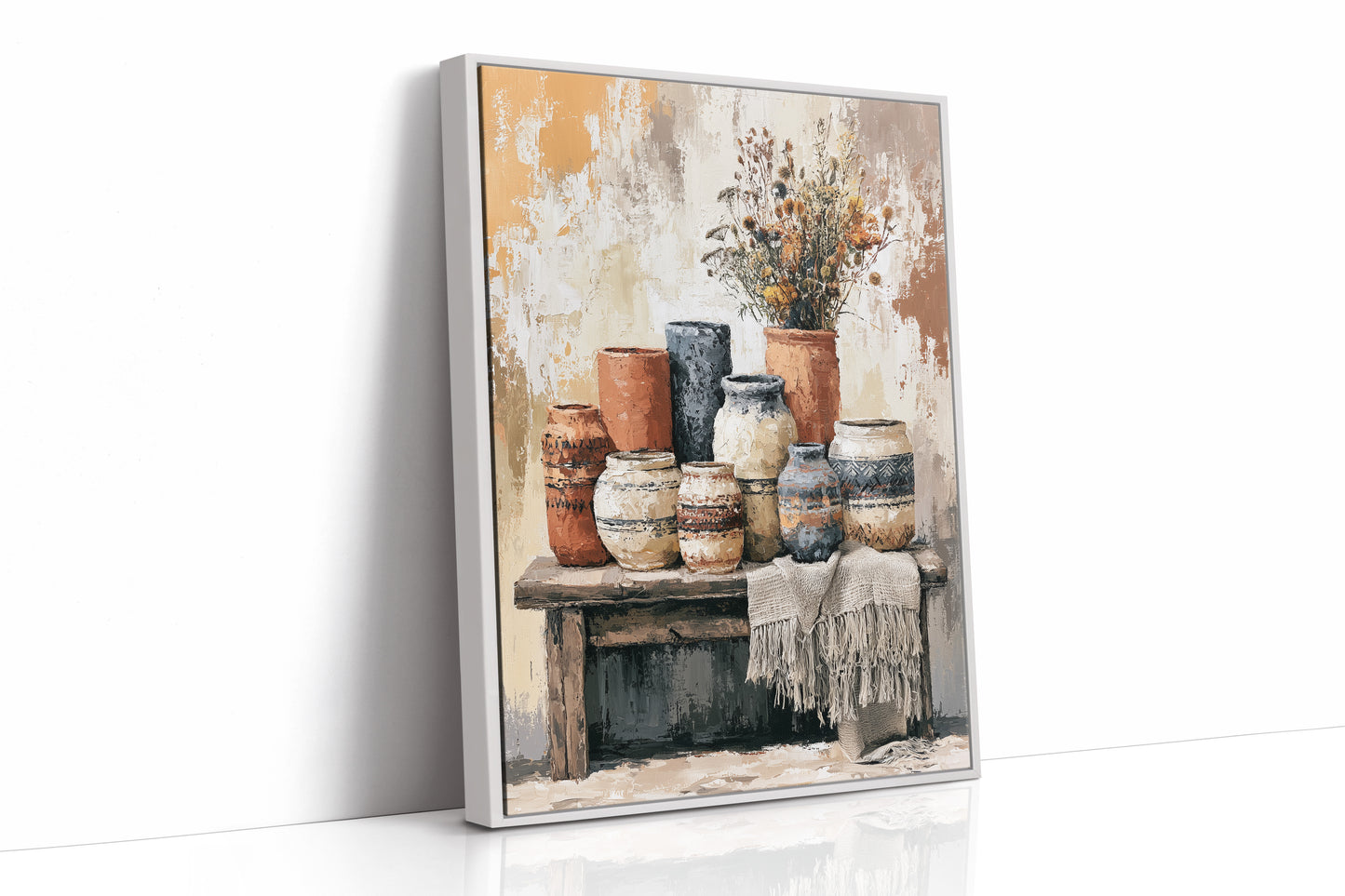 Bench of Boho Pots and Dried Blooms