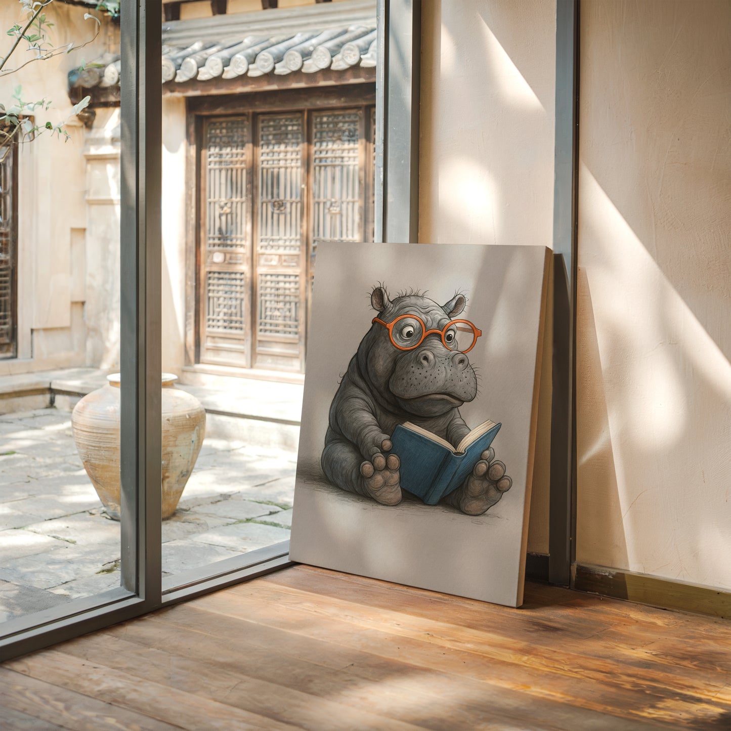 Baby Hippo Reading with Glasses