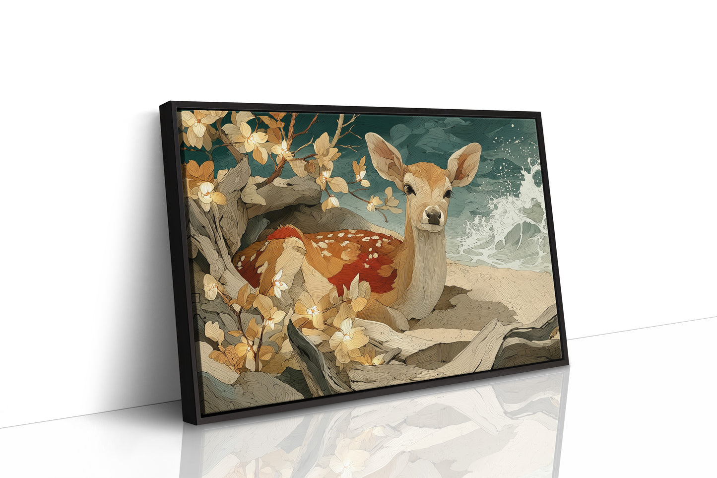 Fawn Resting by Driftwood Shore
