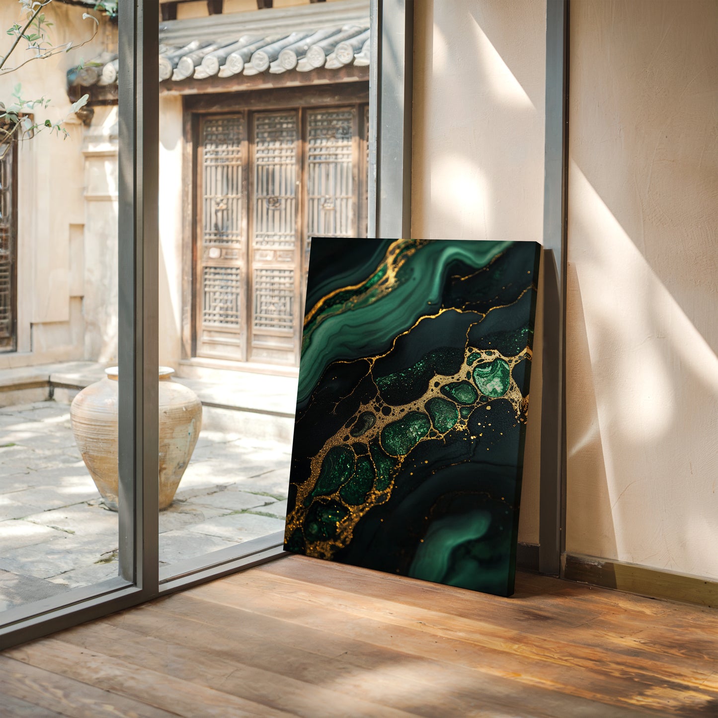 Gilded Cells in Deep Emerald Flow