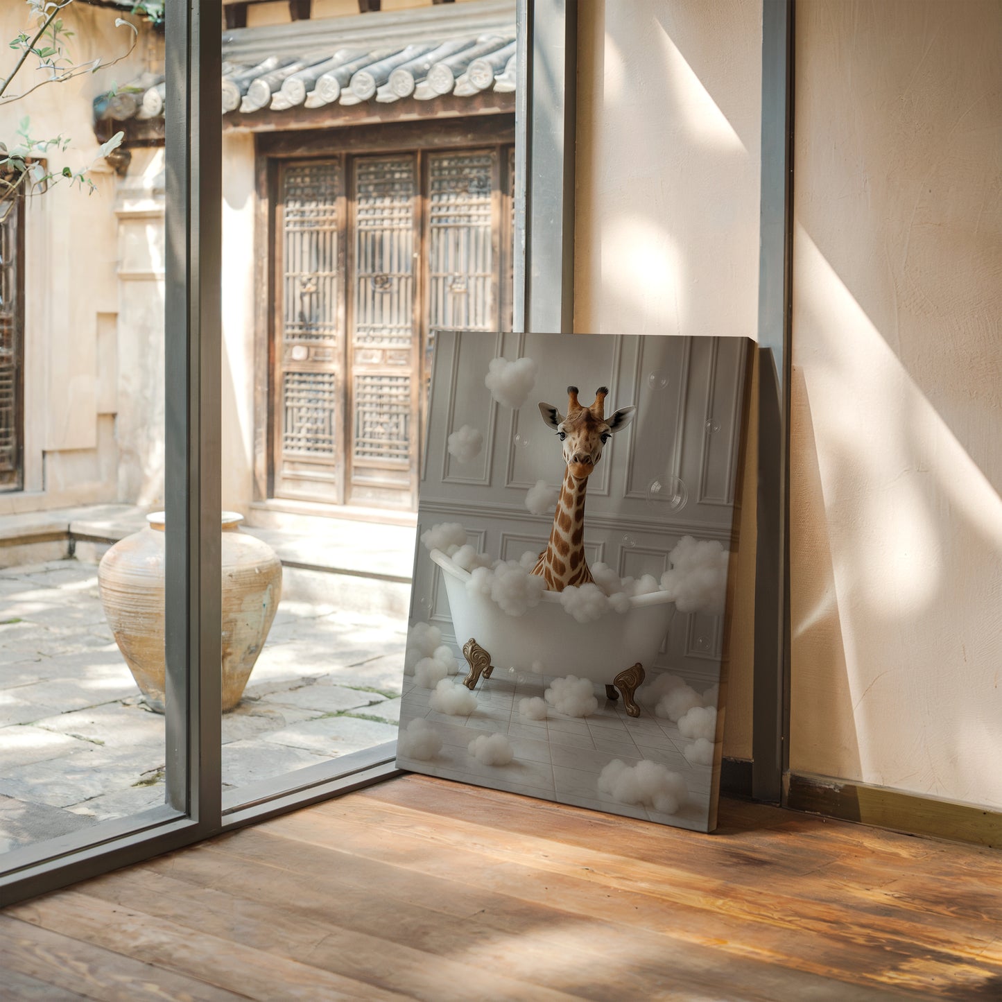 Giraffe in a Bathtub of Bubbles