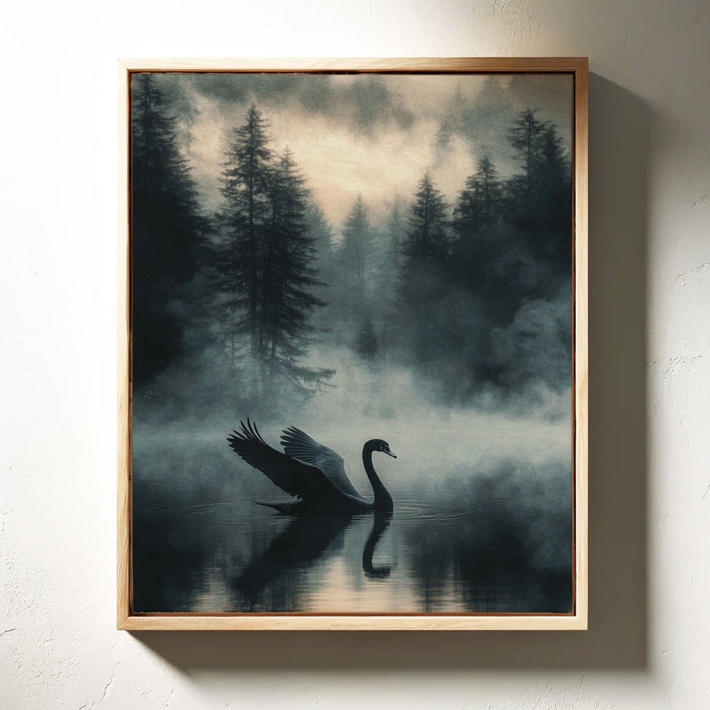 Black Swan in the Forest Mist