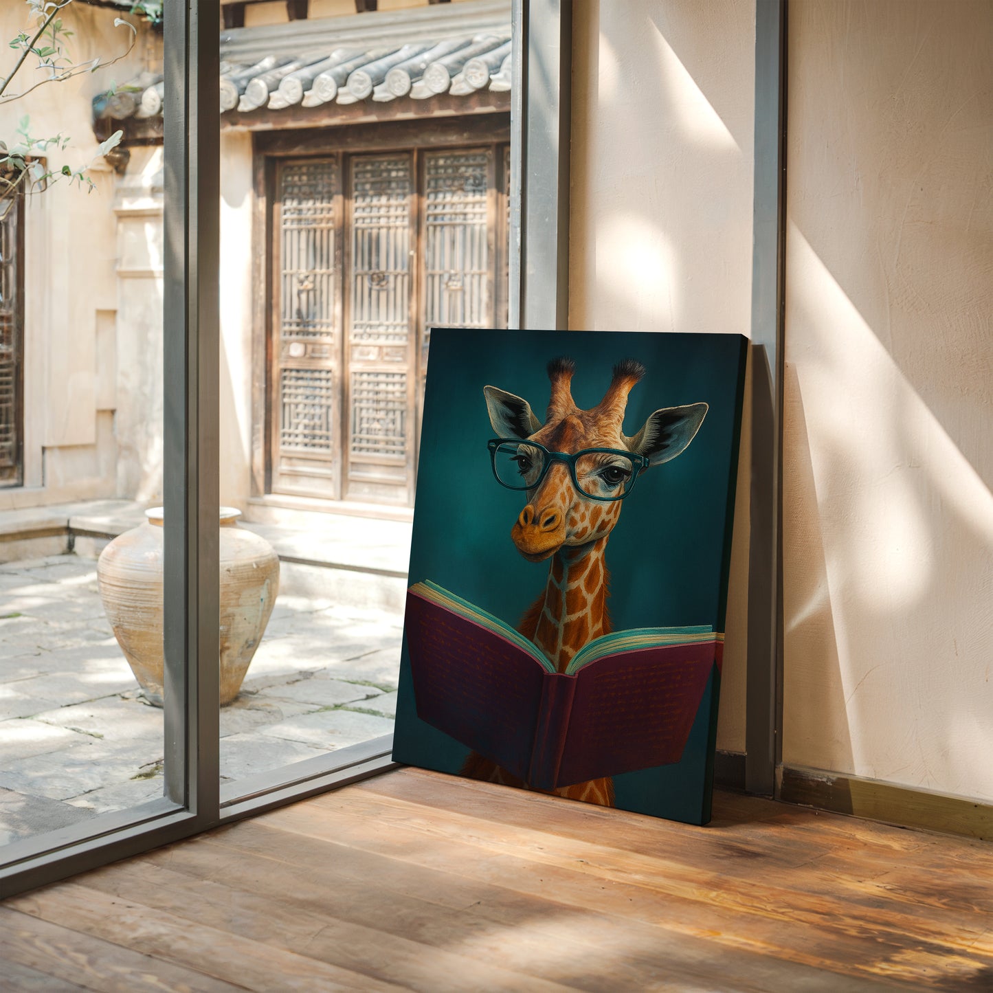 Giraffe with Glasses Reading a Book