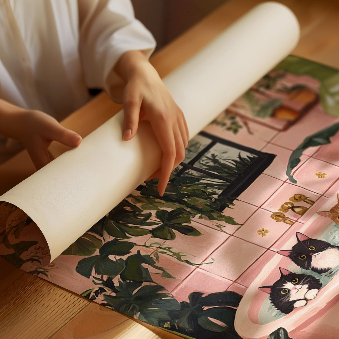 Cat Spa Day – Funny Cat Wall Art, Pink Bathtub Aesthetic, Cozy Home Decor