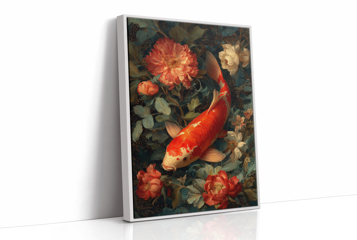 Scarlet Fins Among Coral Peonies