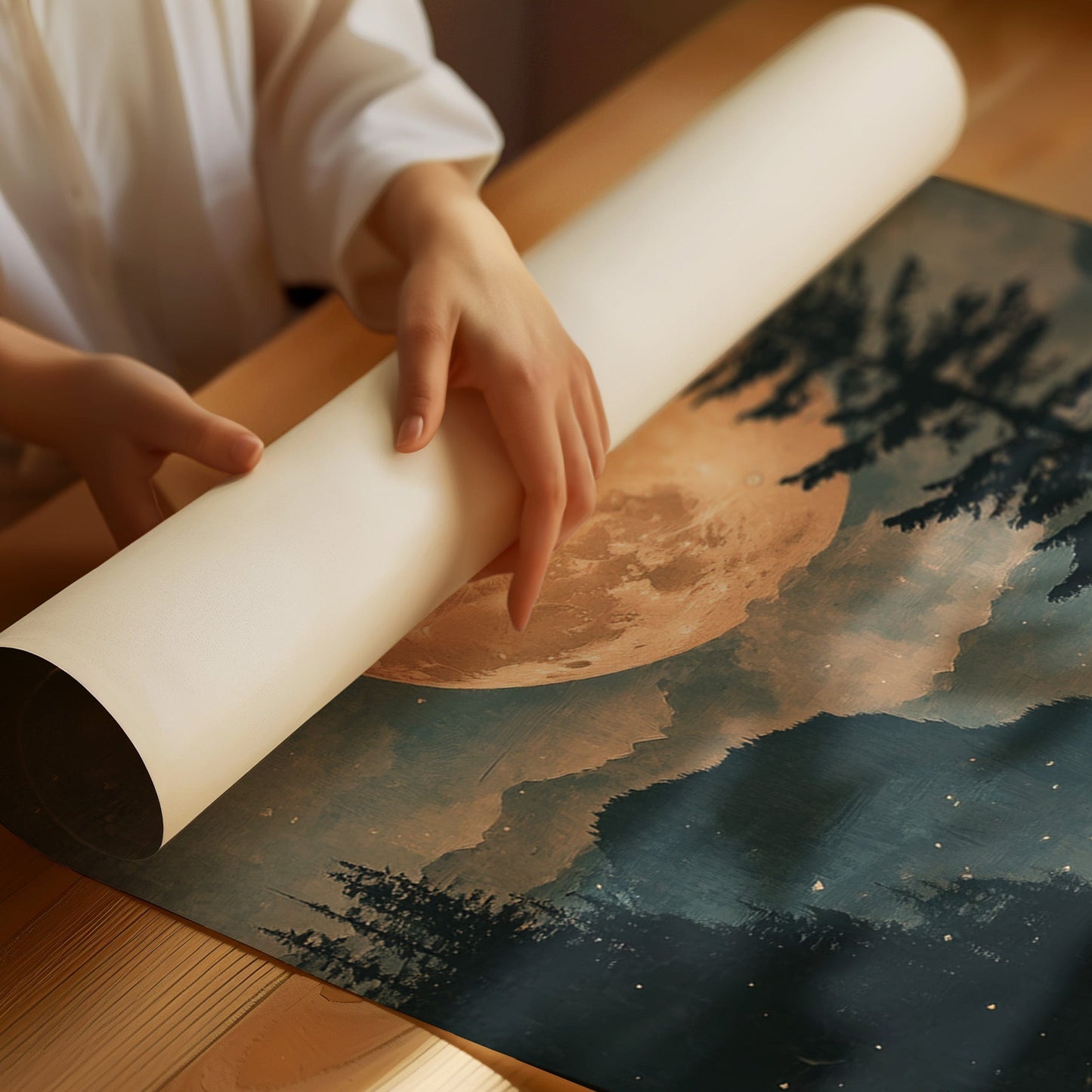 Harvest Moon Forest: Serene Mountain Landscape Canvas Wall Art