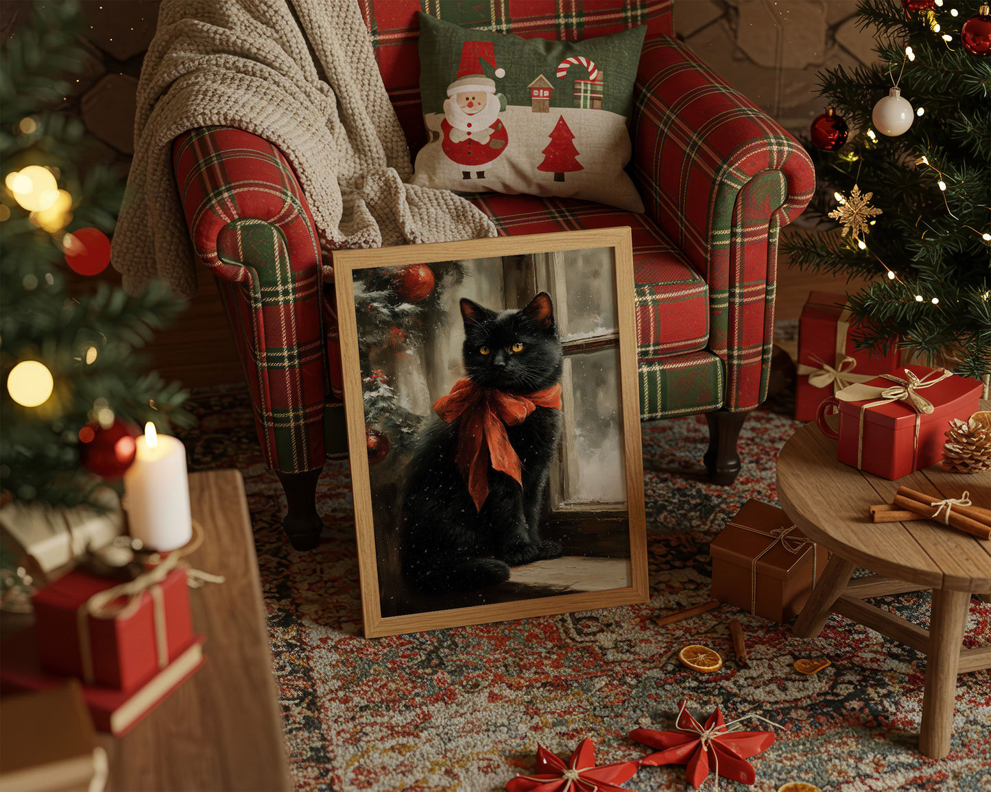 Midnight Cat Wears Holiday Ribbons