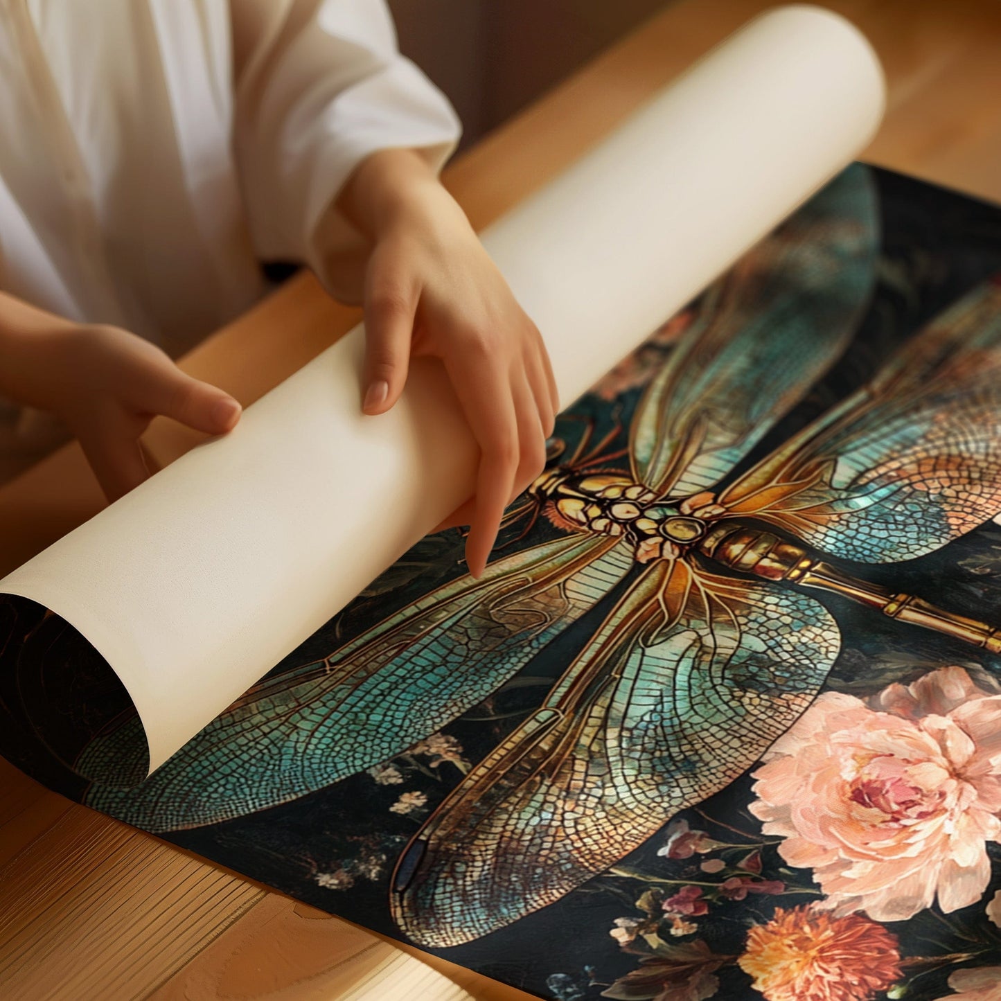 Golden Dragonfly: Dark Floral Baroque Canvas Wall Art