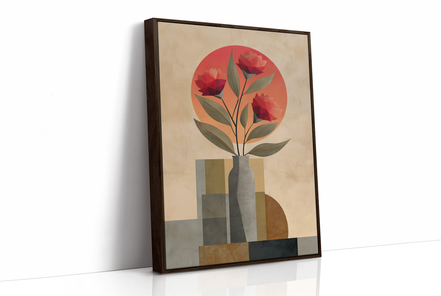 Red Blooms Against City Shapes