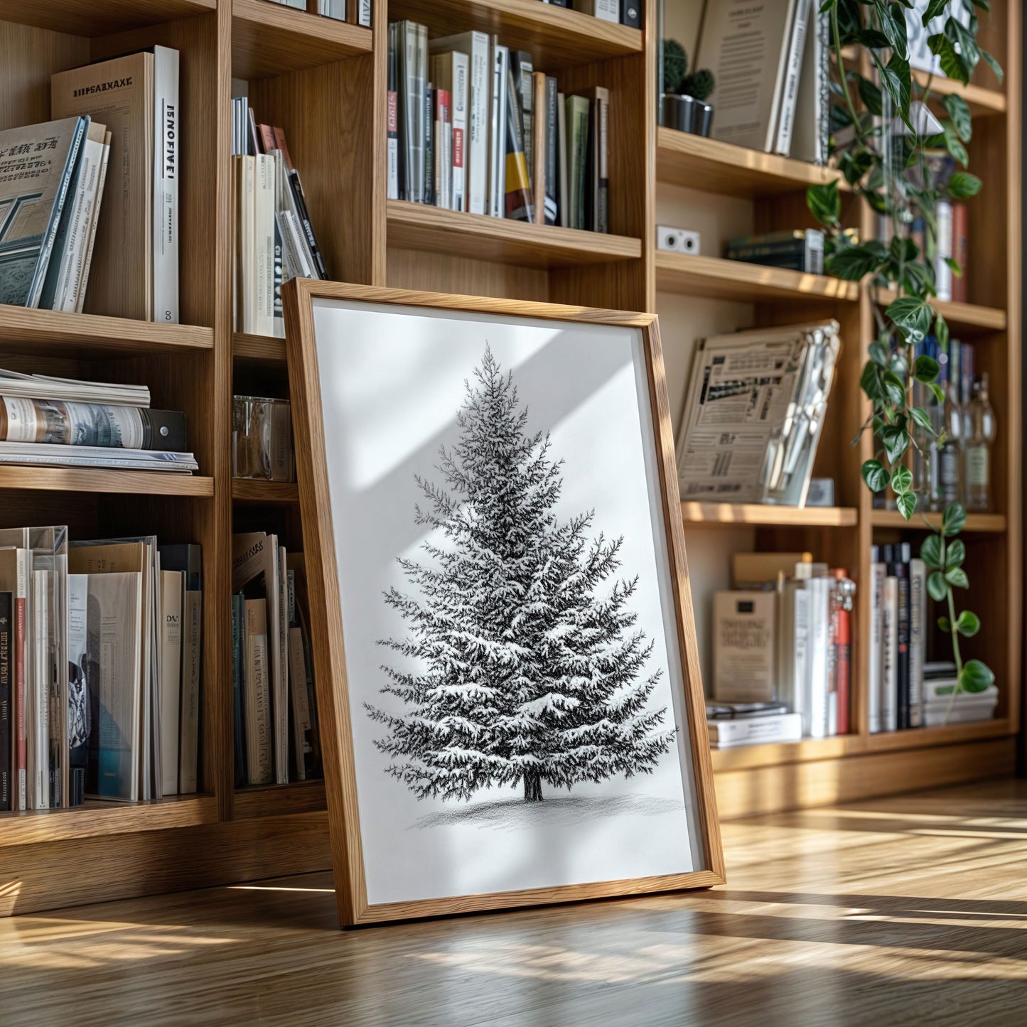 Snow-Covered Pine Tree Drawing - Winter Botanical Art - Gallery Canvas image 11