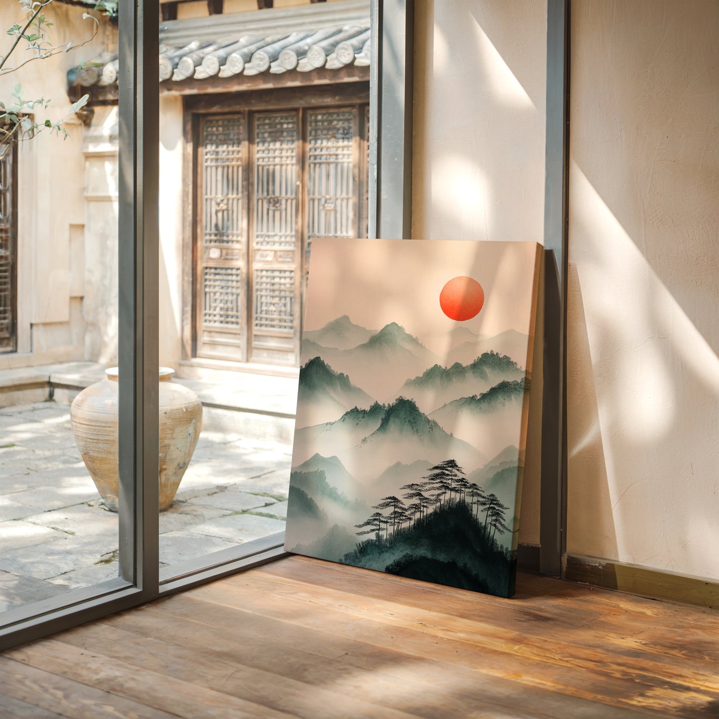 Misty Mountain Sunrise – Tranquil Asian-Inspired Landscape Print