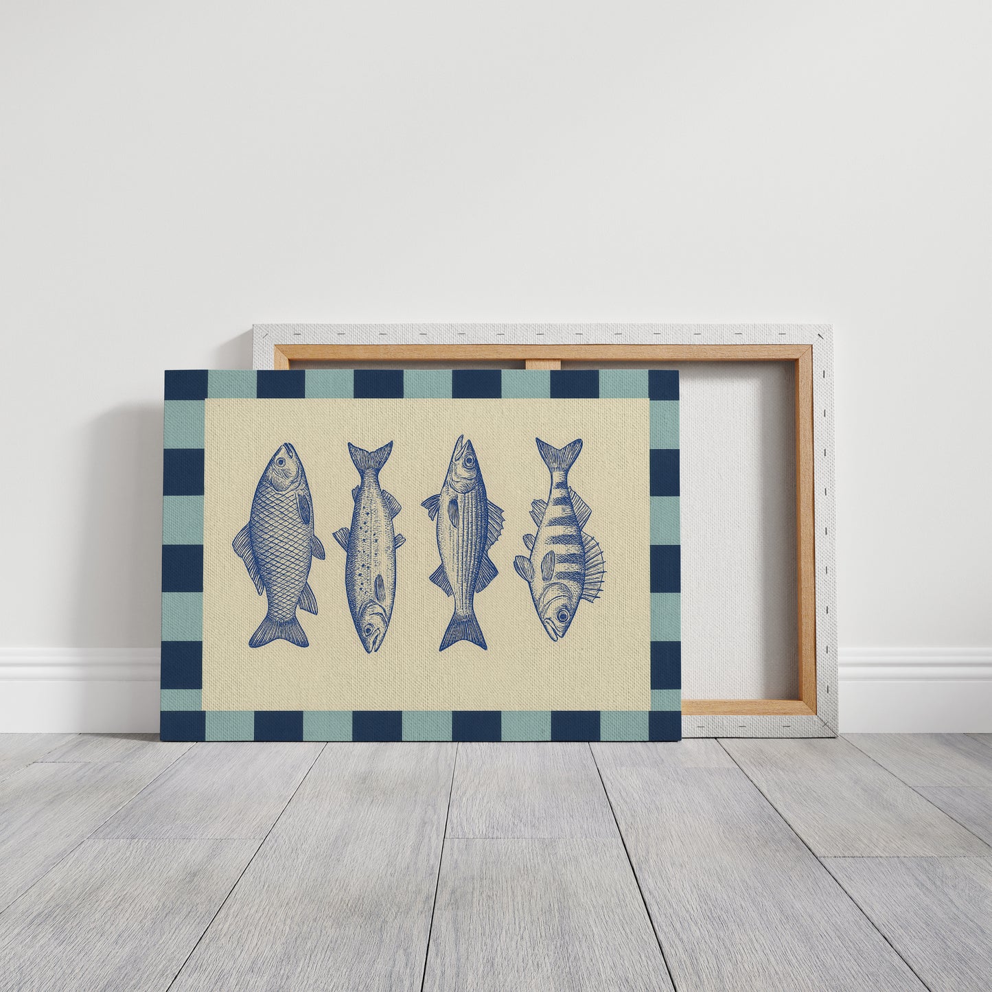 Vintage Fish Quartet on Checkerboard Blue