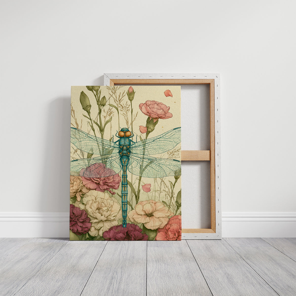 Dragonfly Among Carnations — Garden Bed Botanical Print